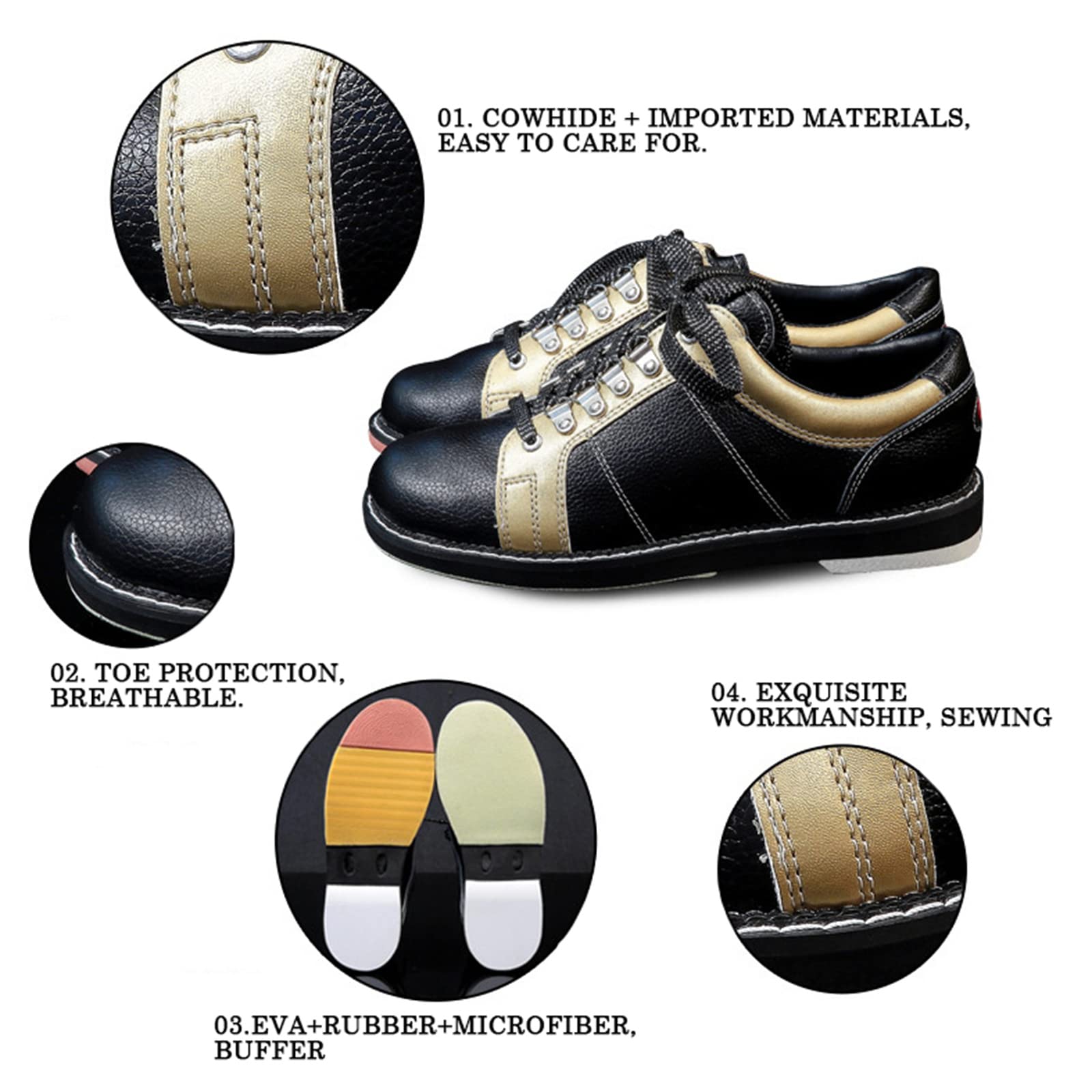 Bowlingschuhe Für Herren Leder Atmungsaktiv Leicht Linke Rechte Sohle Sportlich,Schwarz,46 EU