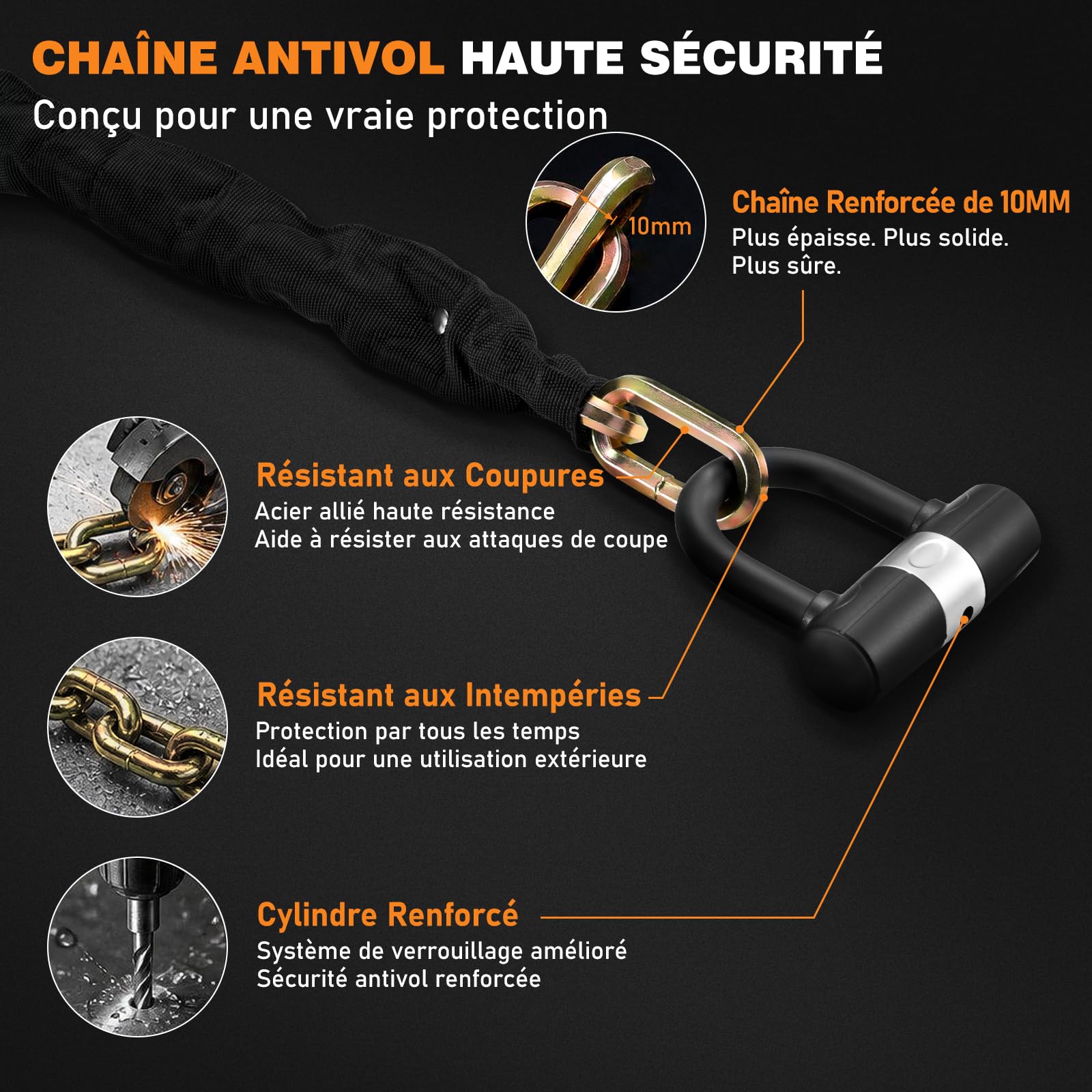 Antivol Moto Chaîne 10 mm en Acier Trempé avec Antivol U et 4 Clés, Chaîne Haute Sécurité pour Moto, Vélo Électrique, Scooter et Vélo, 120 cm – Or