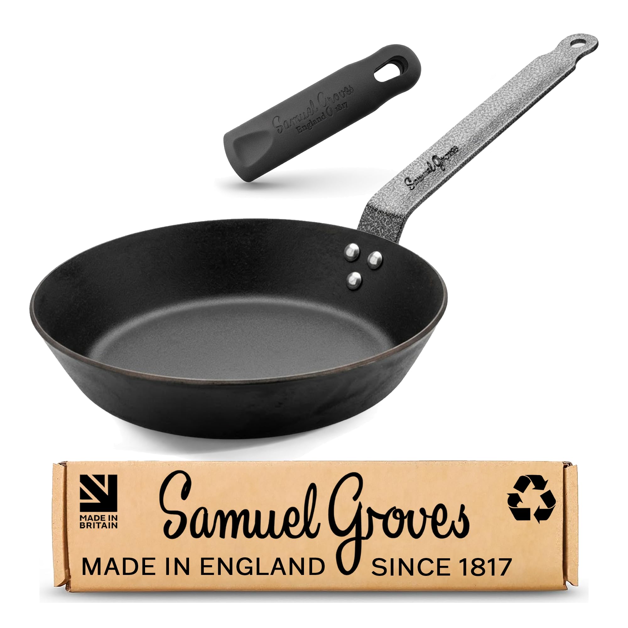Samuel Groves 30cm Professional Seasoned Carbon Steel 12" Frying Pan 3mm - Heavy Duty, Induction Compatible, Oven Safe, Chef Skillet for Searing and Restaurant Use - UK Made, Oldest UK Cookware Brand