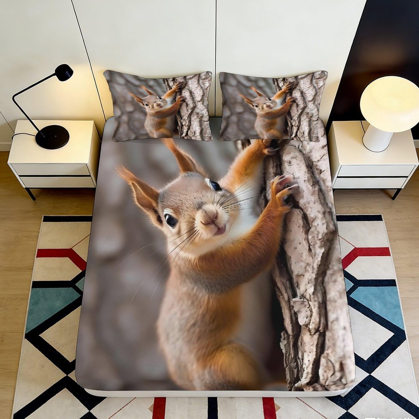 3D Printed Squirrel Pattern Fitted Sheet Microfiber Soft Durable Woodland Animal Bed Cover for Bedroom Dormitory Guest Room Mattress Protection 90x200x25cm