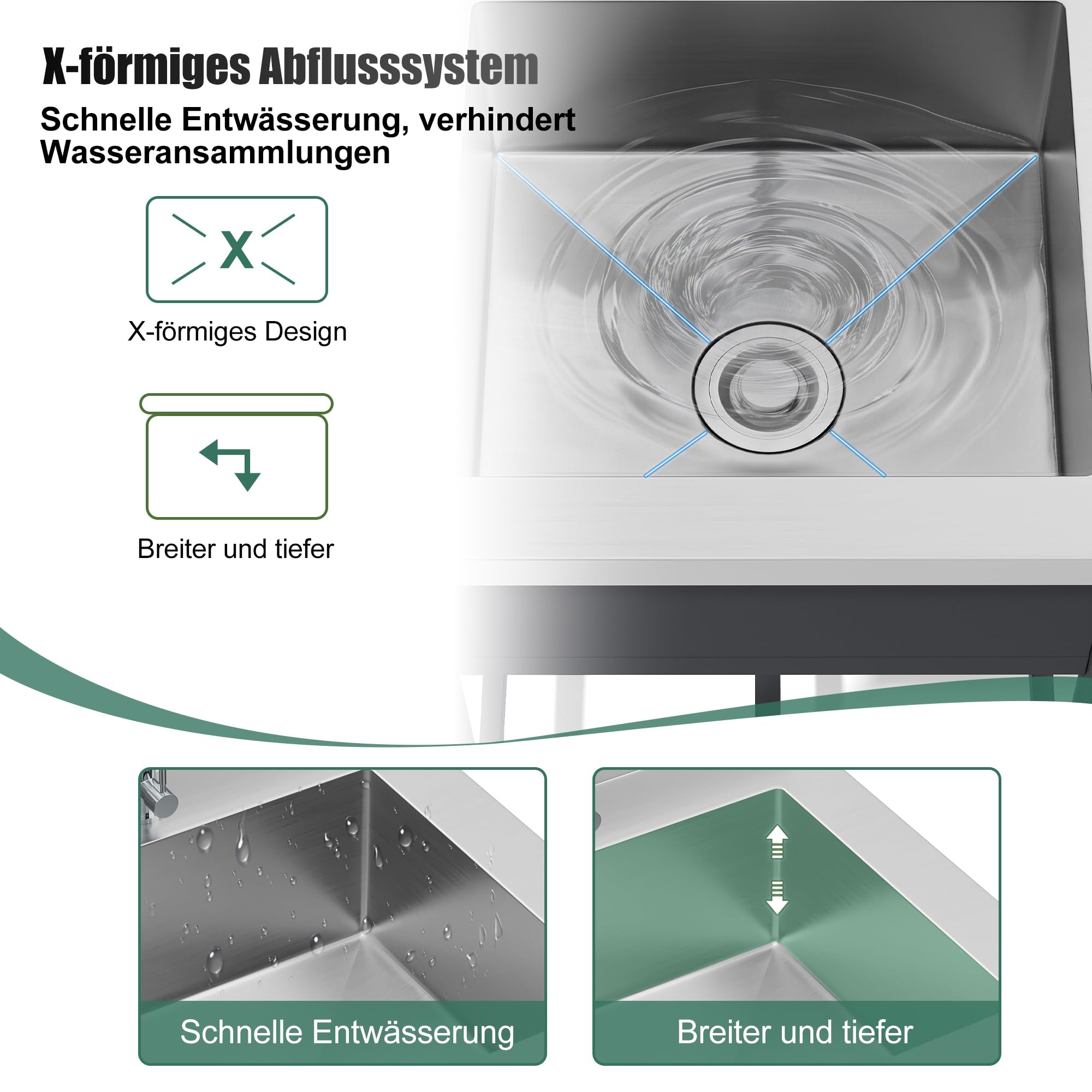 Lavello autoportante in acciaio inox con rubinetto e scarico, 60 x 60 cm, per cucina all'aperto, giardino, officina e gastronomia, robusto lavello da cucina da giardino con ripiano