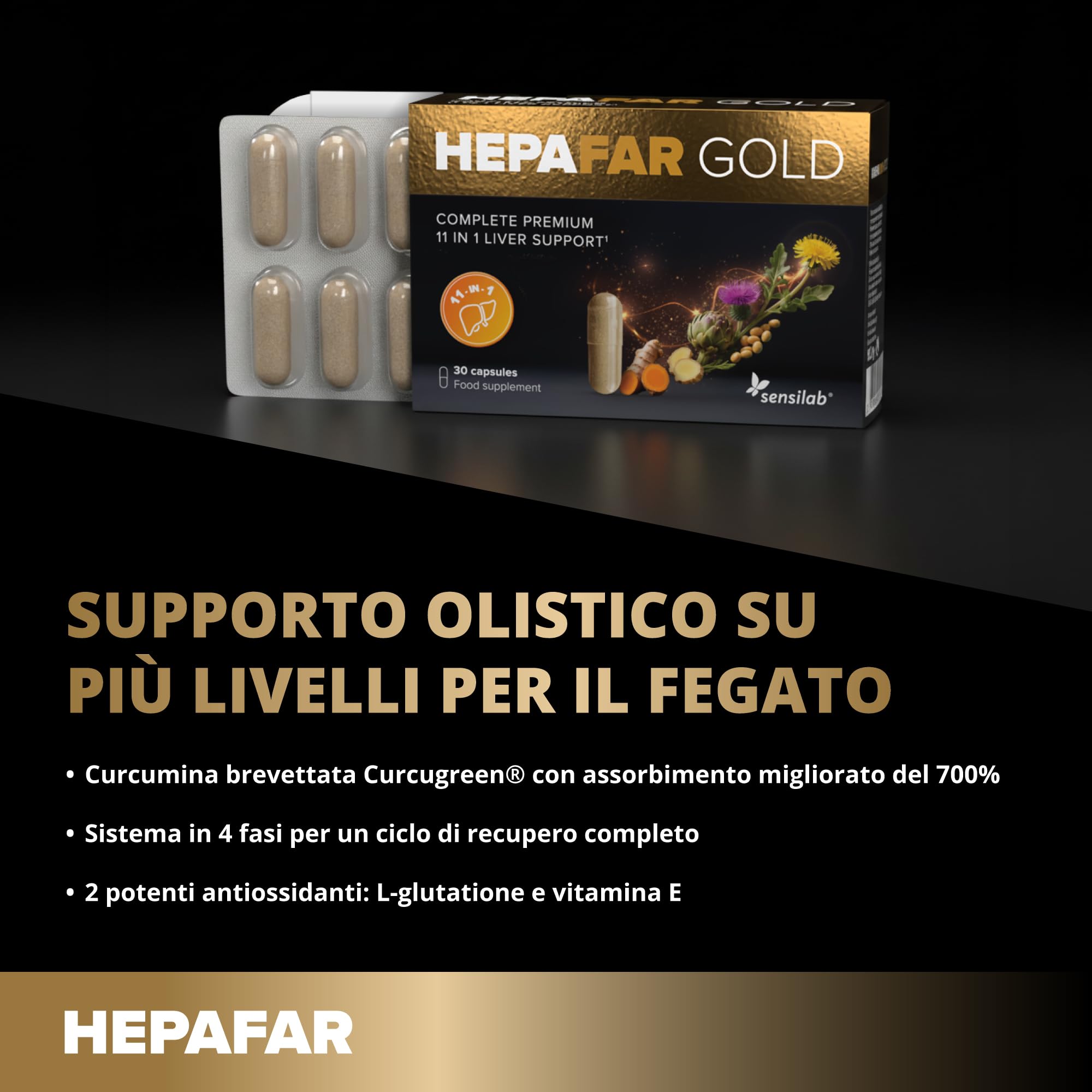 Hepafar Gold Premium con Glutatione, Curcuma, Cardo Mariano, Colina, Carciofo e Zenzero - Integratore per il fegato, 60 capsule, di Sensilab