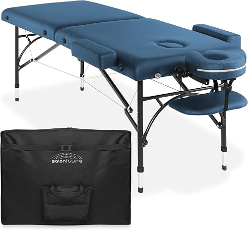 Saloniture Mesa de masaje profesional portátil ligera y plegable con patas de aluminio incluye reposacabezas cuna facial reposabrazos y funda de