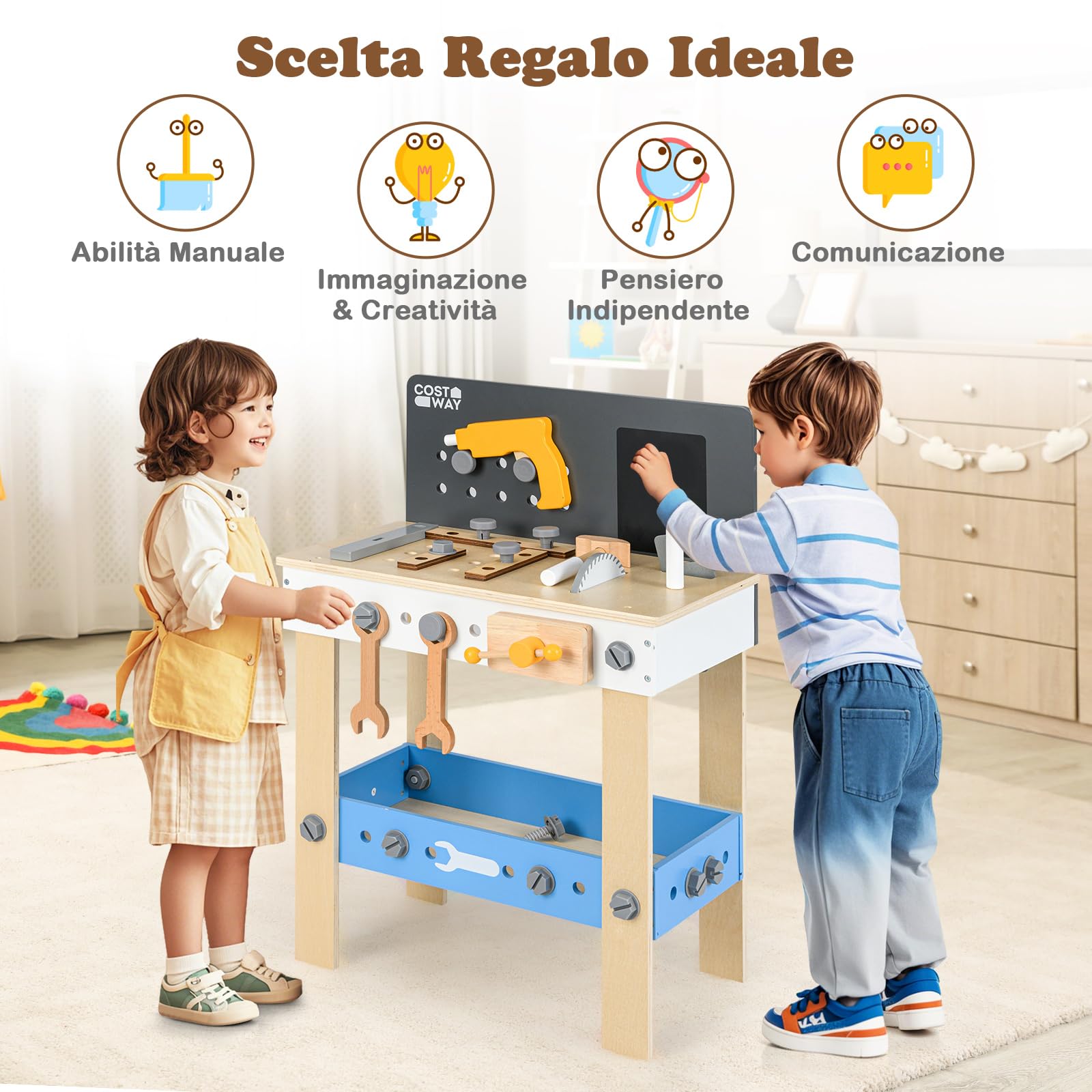 RELAX4LIFE Banco da Lavoro per Bambini con Set di Attrezzi, Pannello a Fori, Lavagna, 36 Accessori, Giocattolo Educativo da Costruzione per Bambini 3+ Anni