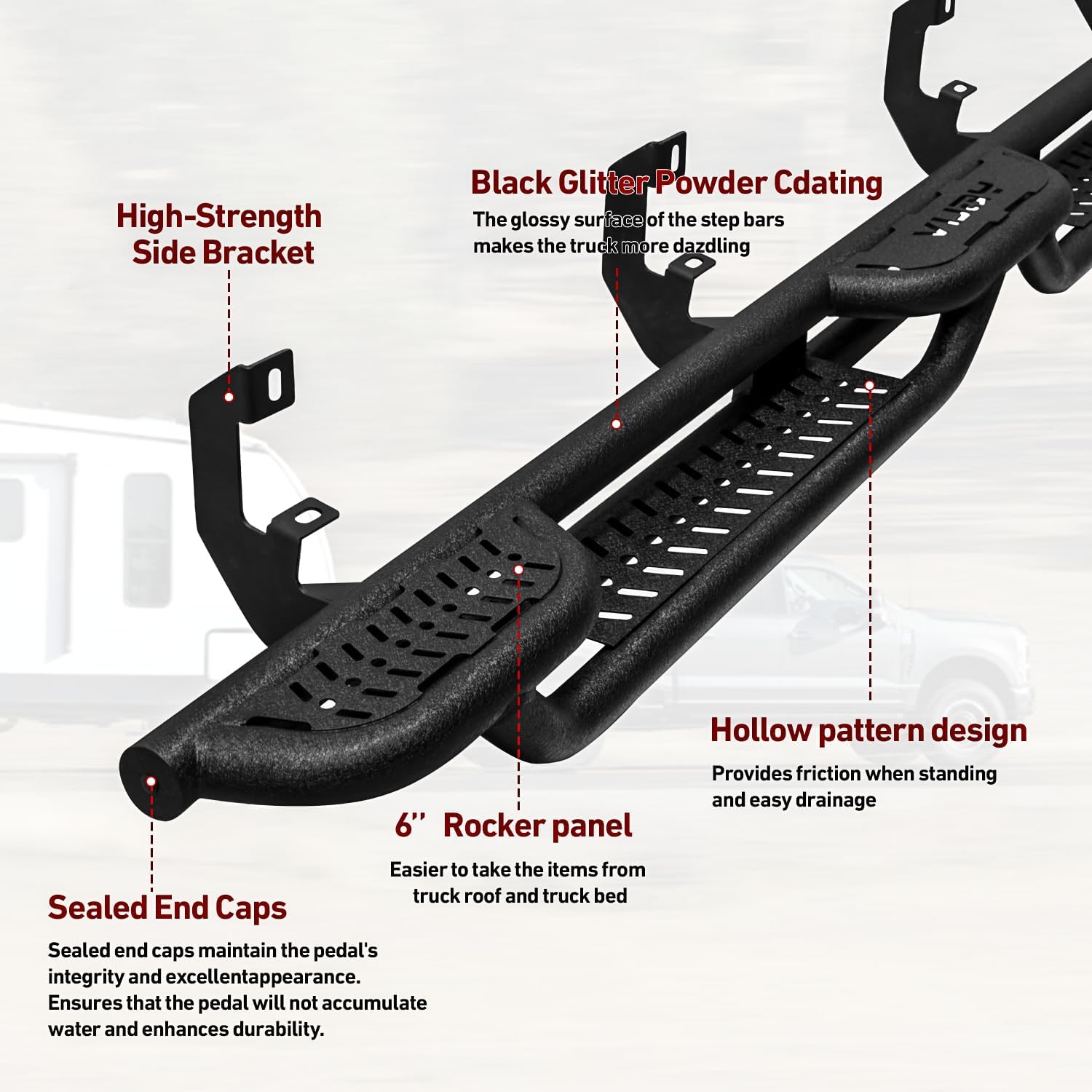 Compatible with 2019-2020-2021-2022-2023-2024-2025-2026 Silverado 1500 Crew Cab Running Boards & Step Bars Nerf Bar Crew Cab, Dual-Stage Textured Black Powder Coated, 6 Inch Step Bars Side Step