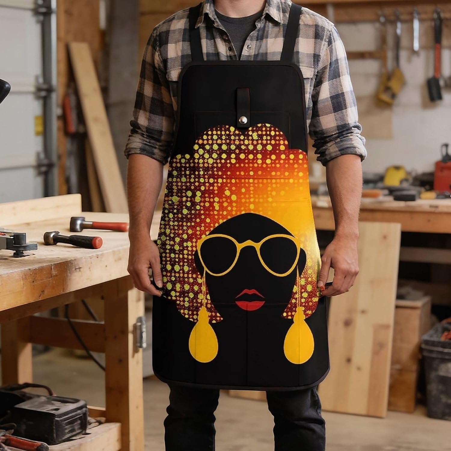 Cute African Woman Tool Apron for Men Women Fully-Adjustable Work Apron with 8 Tool Pockets Heavy Duty Workshop Bib Aprons for Carpenter Woodworker Blacksmith Welder Cobbler Butcher image 5