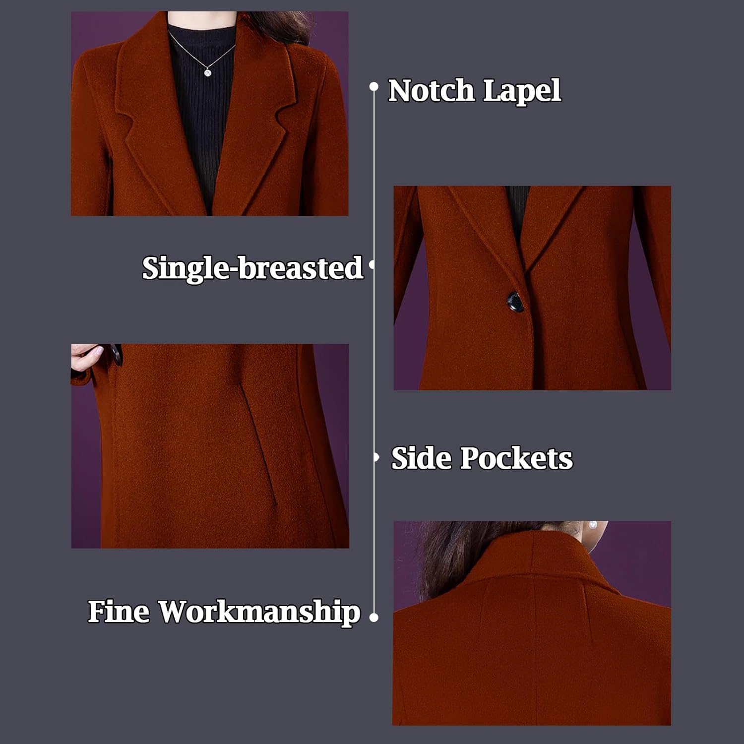 Aprsfn Women's Winter Wool Coats Long Sleeve One Buttoned Pea Coats Notched Lapel Jackets Mid-Length Windproof Overcoat - Image 3
