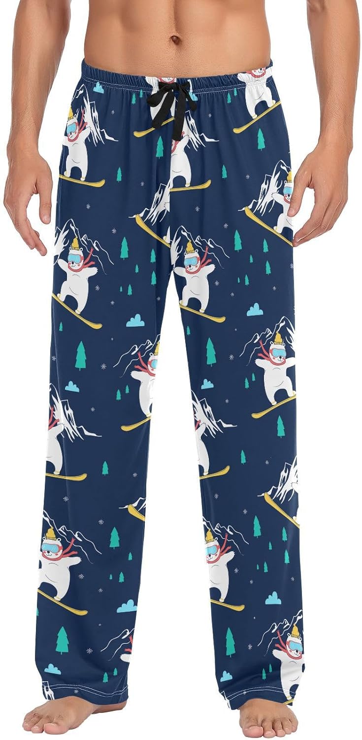 Mens Pajama Pants Soft Snowboard Bear Mens Lounge Pants with Pockets Hand Draw Winter Mens Sleep Pants Small