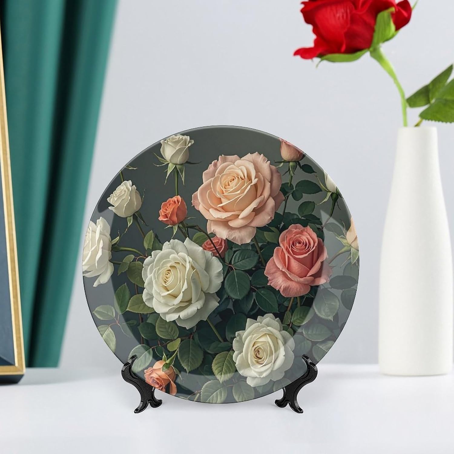 Roses Print Decorative Ceramic Plate Round Porcelain Plate Decor Personalized Bone China Decorative Plates Ceramic Ornaments Dessert Plates with Display Stand 8inch