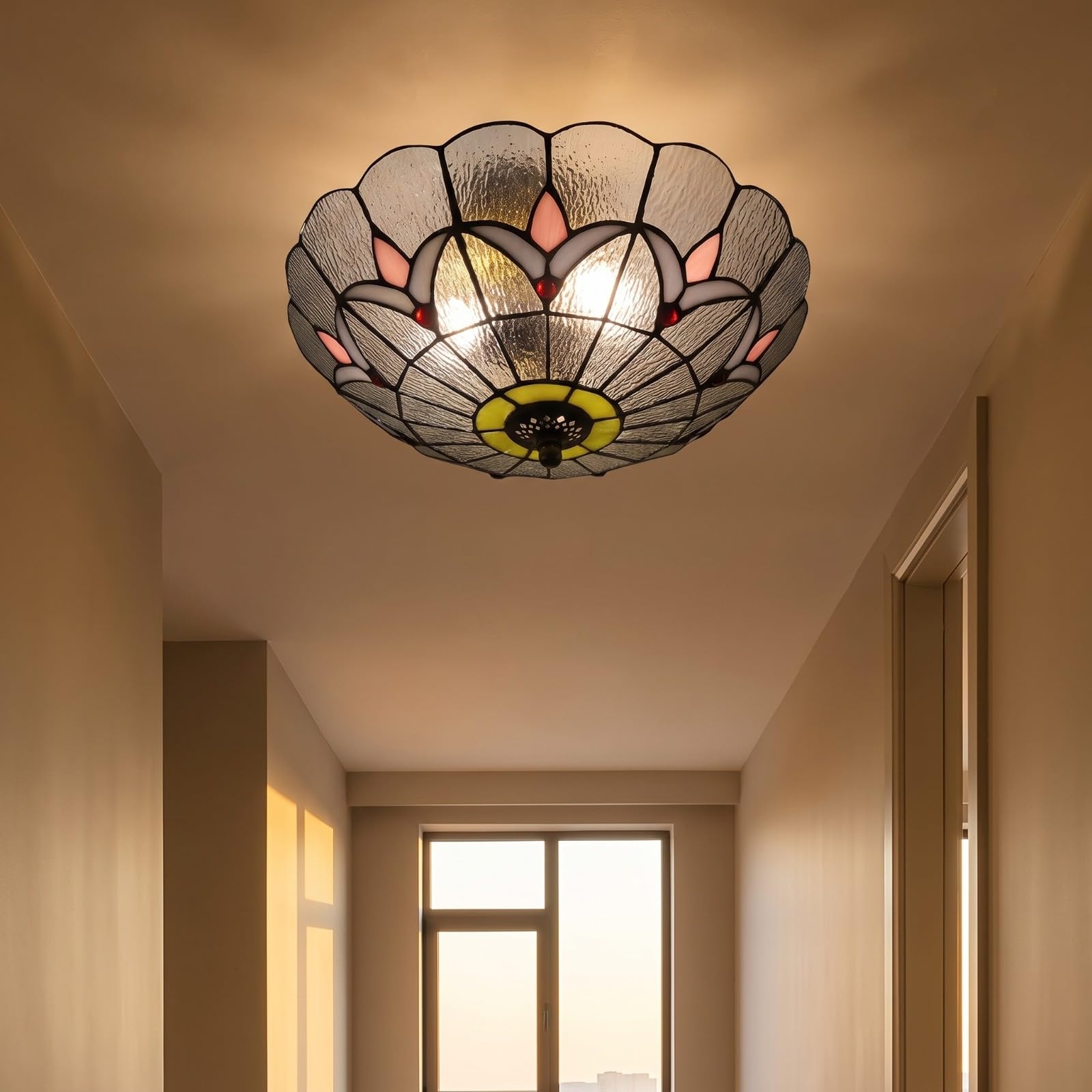 Flach Buntglas-Deckenleuchte | Handgefertigter Glasschirm, Buntglas Deckenleuchte, Künstlerisch, für Schlafzimmer, Weiß
