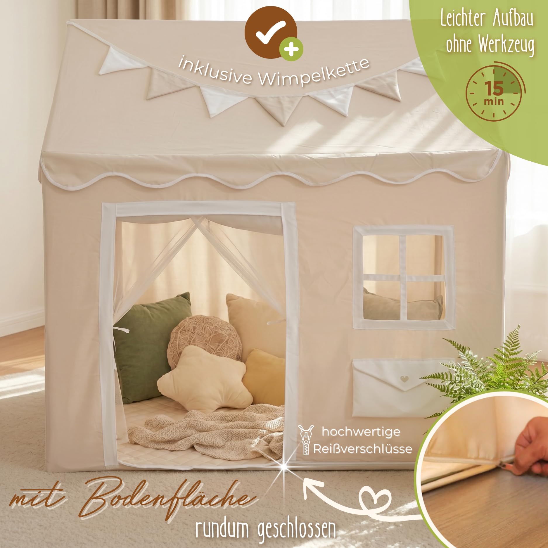 LIONHERZ® DAS ORIGINAL Spielhaus mit Briefkasten für Kinder | Indoor Spielzelt mit Matte & Wimpelkette | Kinderspielhaus mit 3 Fenstern & blickdichtem Türvorhang | Hauszelt Kinderzimmer (Cremeweiß)