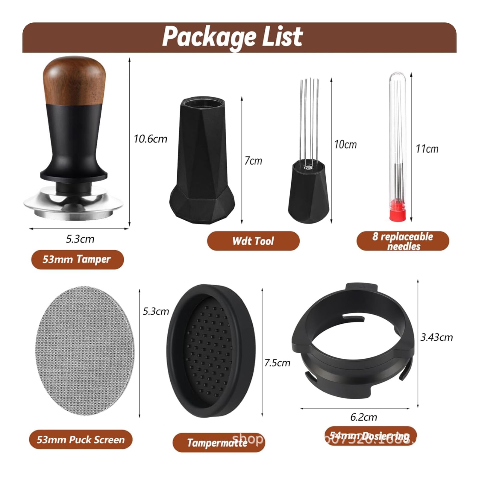 Kit Pressino caffè 5 Pezzi con Utensile Distribuzione Macinato Schermo Rotondo Tappetino Pressa Nero Supporto Dosatore in Acciaio per Estrazione Uniforme Macchina