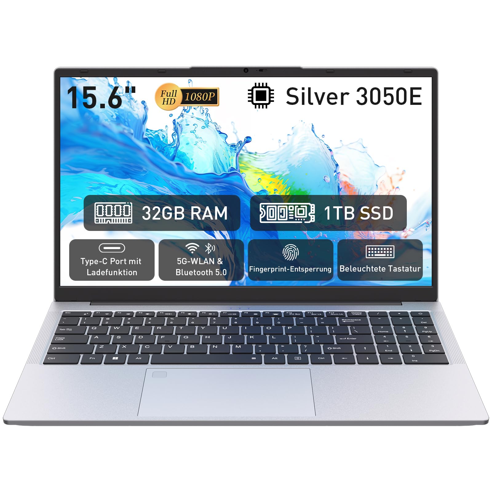 Auusda Laptop 15,6 Zoll, Notebook mit 32GB RAM 1TB SSD, Fingerabdrucksensor, beleuchtete Tastatur, 3050E Prozessor, Ziffernblock, Privacy Kameraabdeckung, leicht & ideal für Büro und Schule