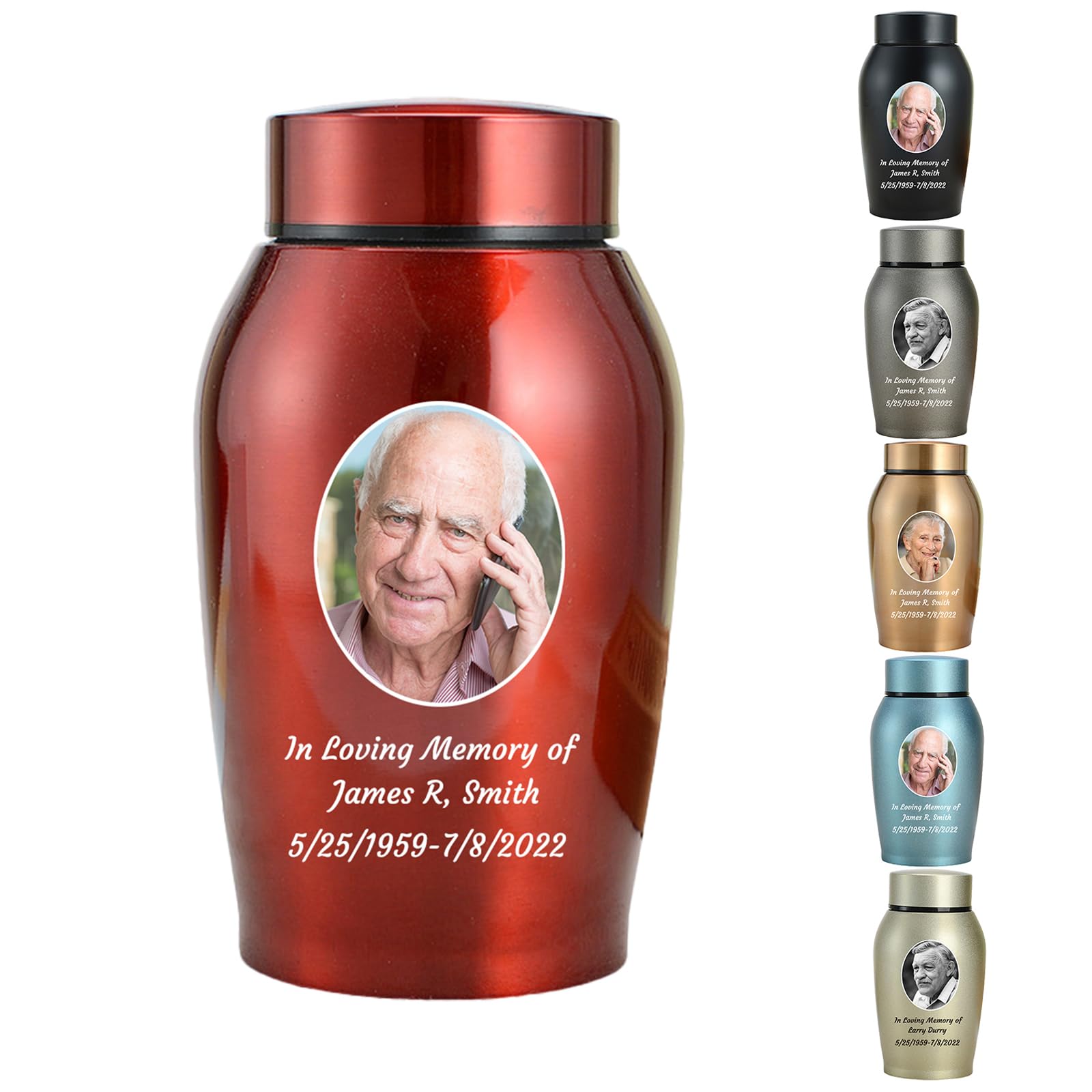 WXMYOZR Photo Personalized Small Urns for Human Ashes, Mini Urns for Human Ashes Customizable, Stainless Steel Memorial Keepsake Cremation Urns Mini Sharing Funeral Urns,Red