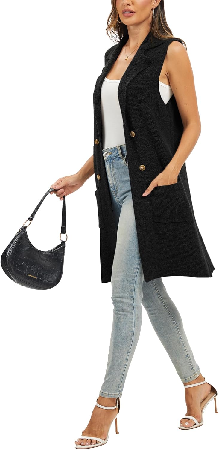 Moss Rose Sleeveless Cardigans for Women Open Front Sweaters Vest Lapel Collar Button Down Long Outerwear Coats - Image 6