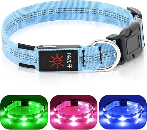 Weesiber Collares de perro con luz LED, collar recargable con luces LED, luces reflectantes ajustables para perros para caminar por la noche (azul,