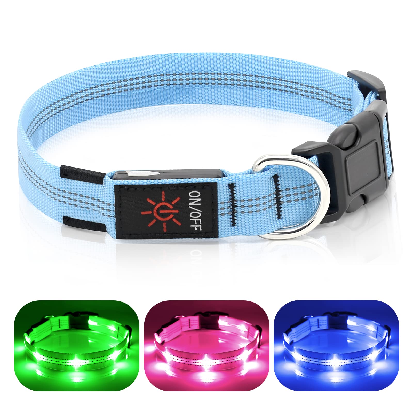 Weesiber LED Dog Collar - USB Rechargeable Light Up Dog Collars, Nylon Reflective Dog Collar, Glowing Pet Collar, Flashing Dog Lights for Night Walking (Blue, Medium)