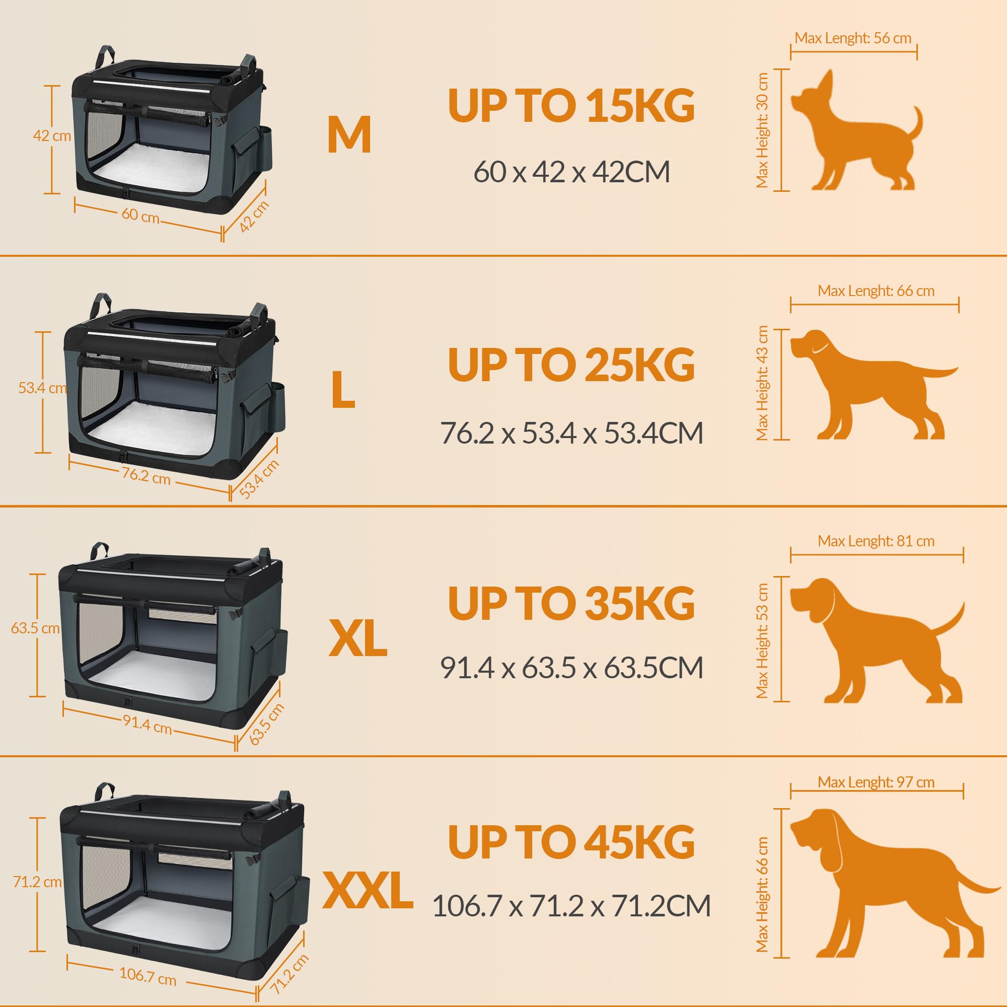 Hundebox Faltbar mit 3-Türiger, 76,2 x 53,4 x 53,4 cm, Grau | Transportbox Hund, Tragbare Hundetasche mit Reflektierenden Streifen, Taschen, Oxford-Gewebe, Matte ist Abnehmbar, FPDT006OG1