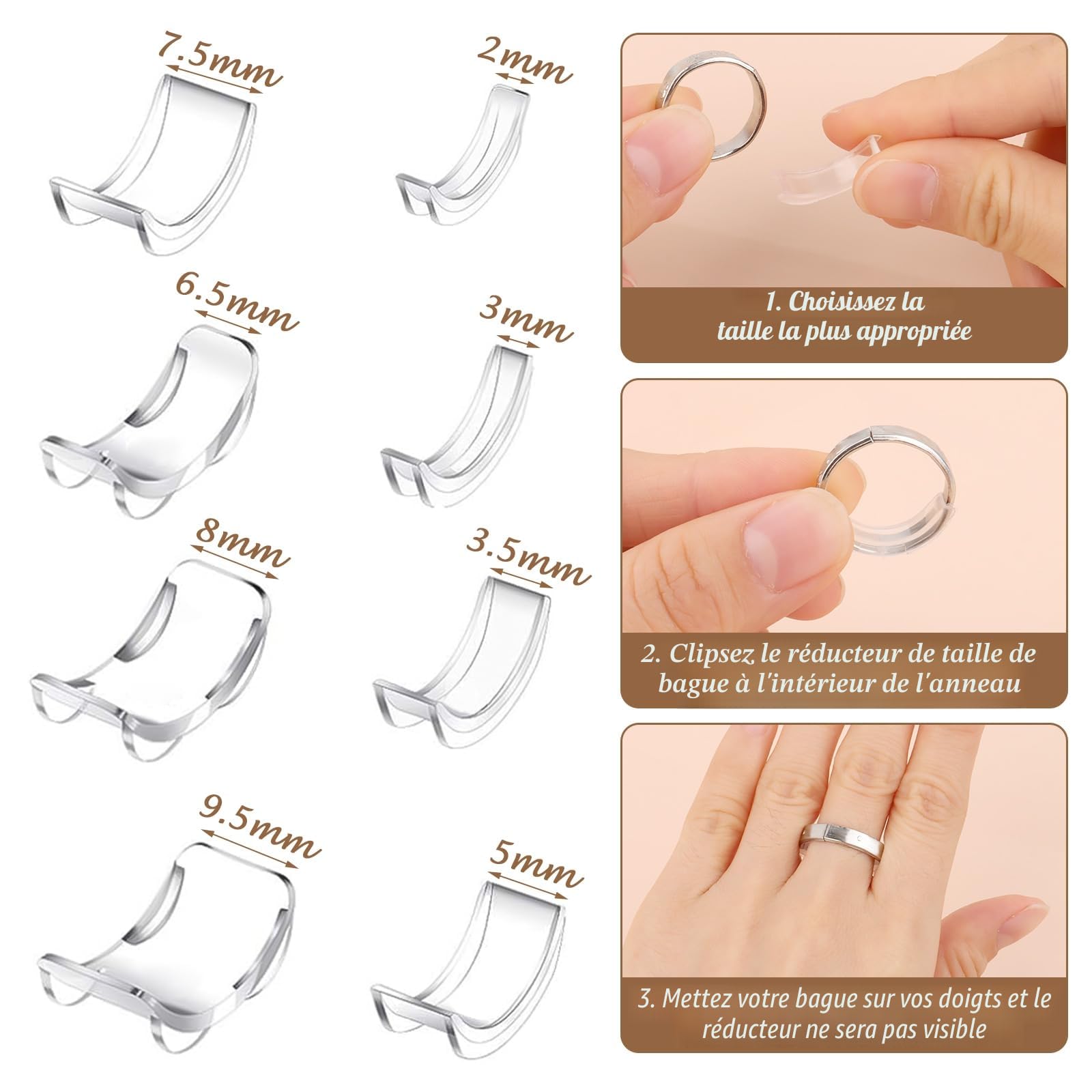 20 pièces Ajusteur de Taille de Bague Invisible pour Bagues Desserrées, Ajusteurs D'anneaux en Spirale, Tailles Adaptateur Bague Trop Grande