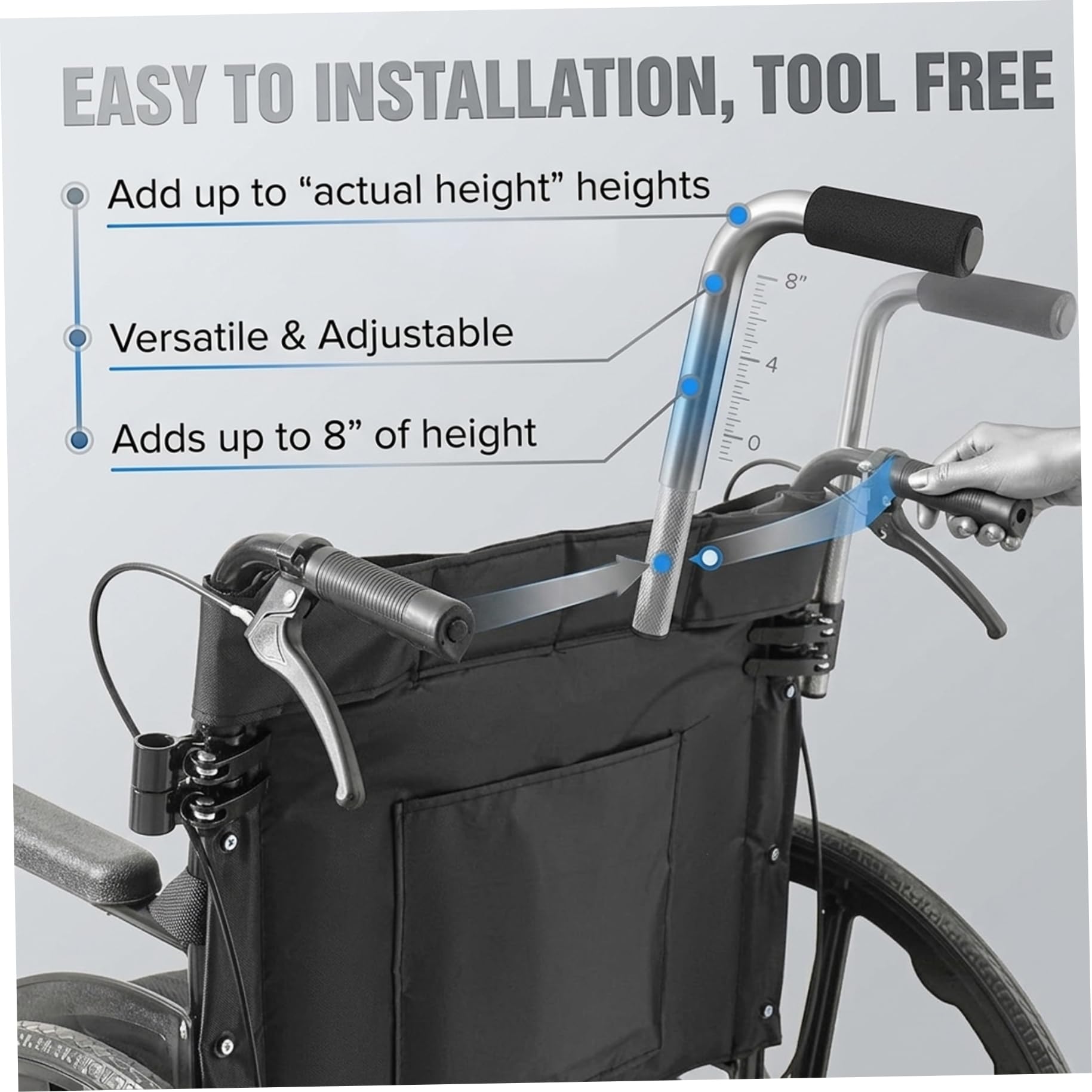 Extensores de mango para silla de ruedas, extensor de mango de empuje ajustable en altura para silla de ruedas y cochecito, paquete de 2 accesorios con extensores de agarre antideslizantes