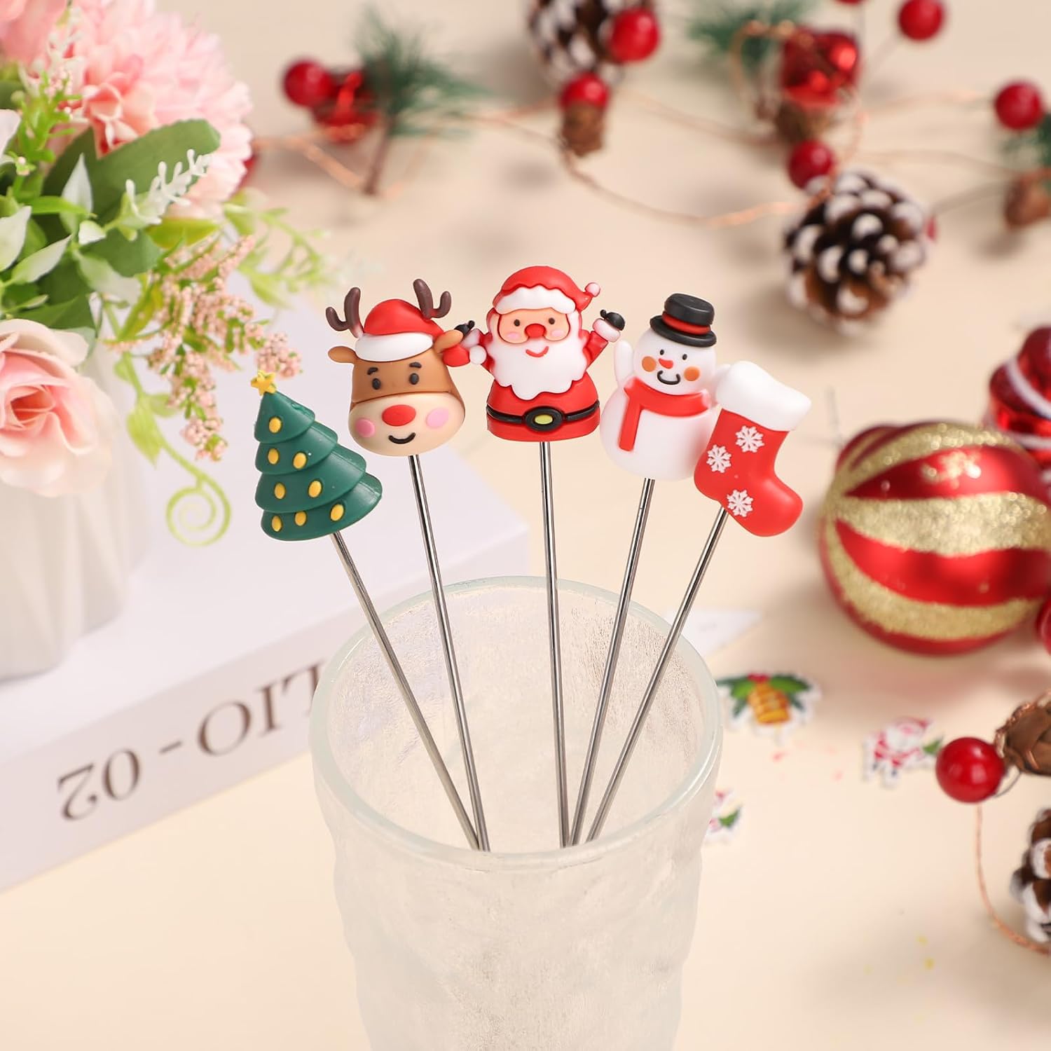 5pcs Christmas Cocktail Stirrers, Stainless Steel Christmas Swizzle Stir Sticks for Cocktails Whisky Coffee Drink Stirring Rod Stirrers for Christmas Party Home Office Bar Restaurants