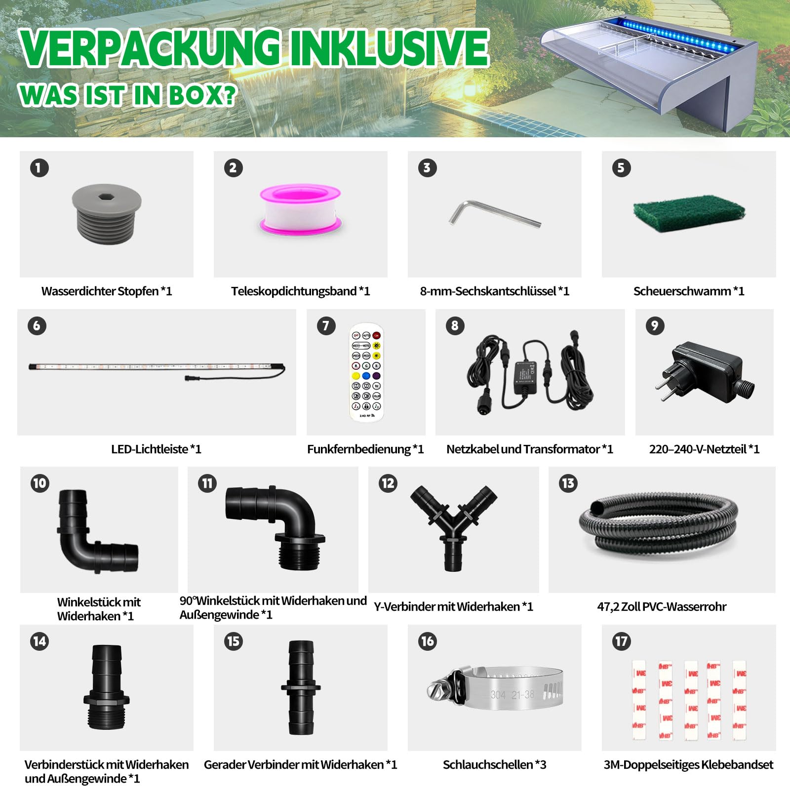 LONGRUN 90cm Teich-Wasserfall aus Acryl mit RGB LED-Leiste & Bluetooth-App-Steuerung, Garten-Wasserfall für Teich, Pool und Schwimmbad