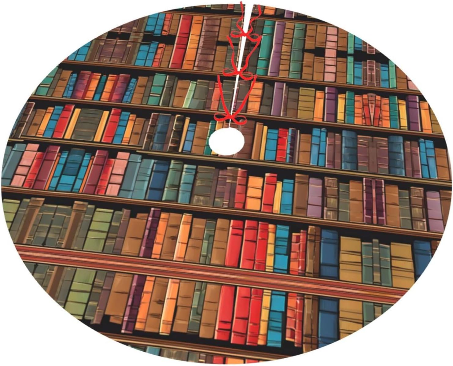 Library Bookshelf Christmas Tree Skirt with Ties - Double Layer Holiday Tree Mat with Non-Slip Bottom for Xmas Decorations