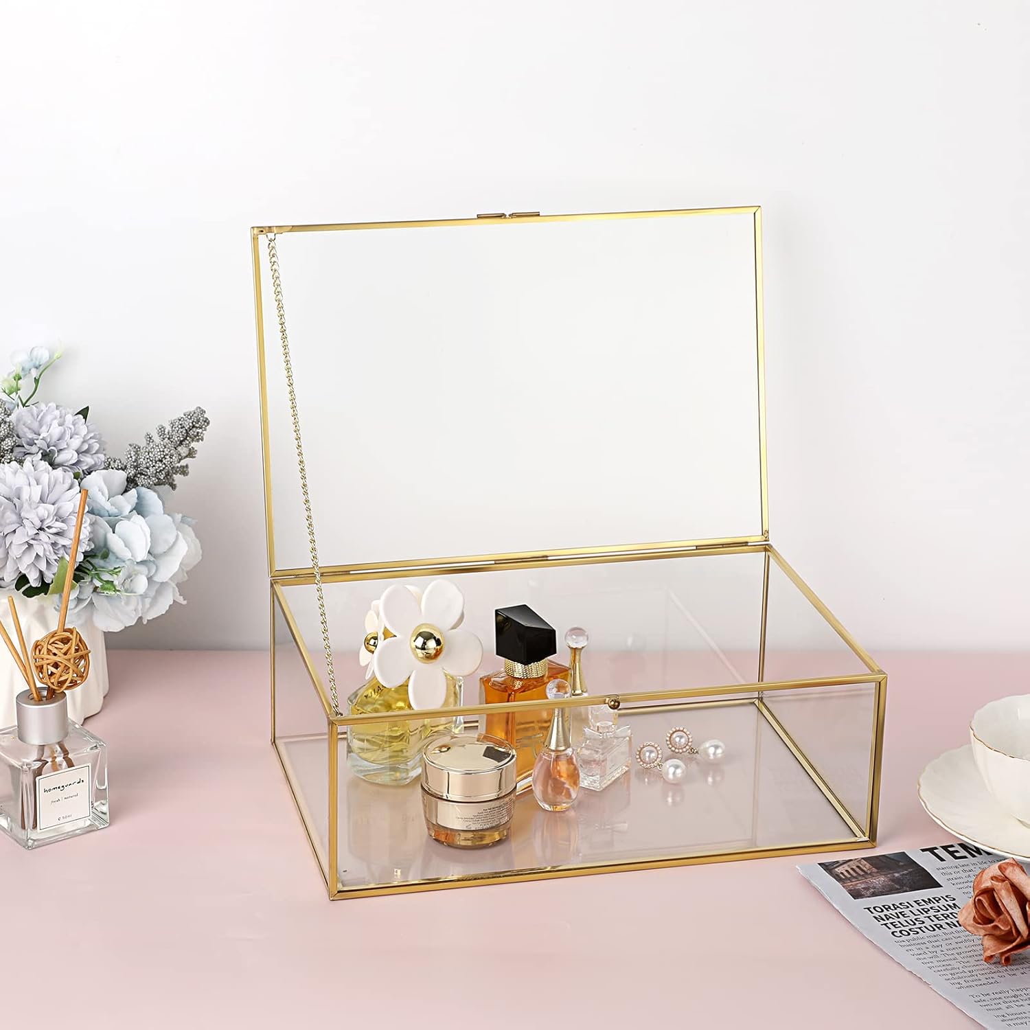 Hipiwe Vintage Glass Keepsake Box - Rectangle Jewelry Display Organizer, Vanity Lidded Home Decor Accent for Storage Trinket Rings Bracelet Rock - X-Large