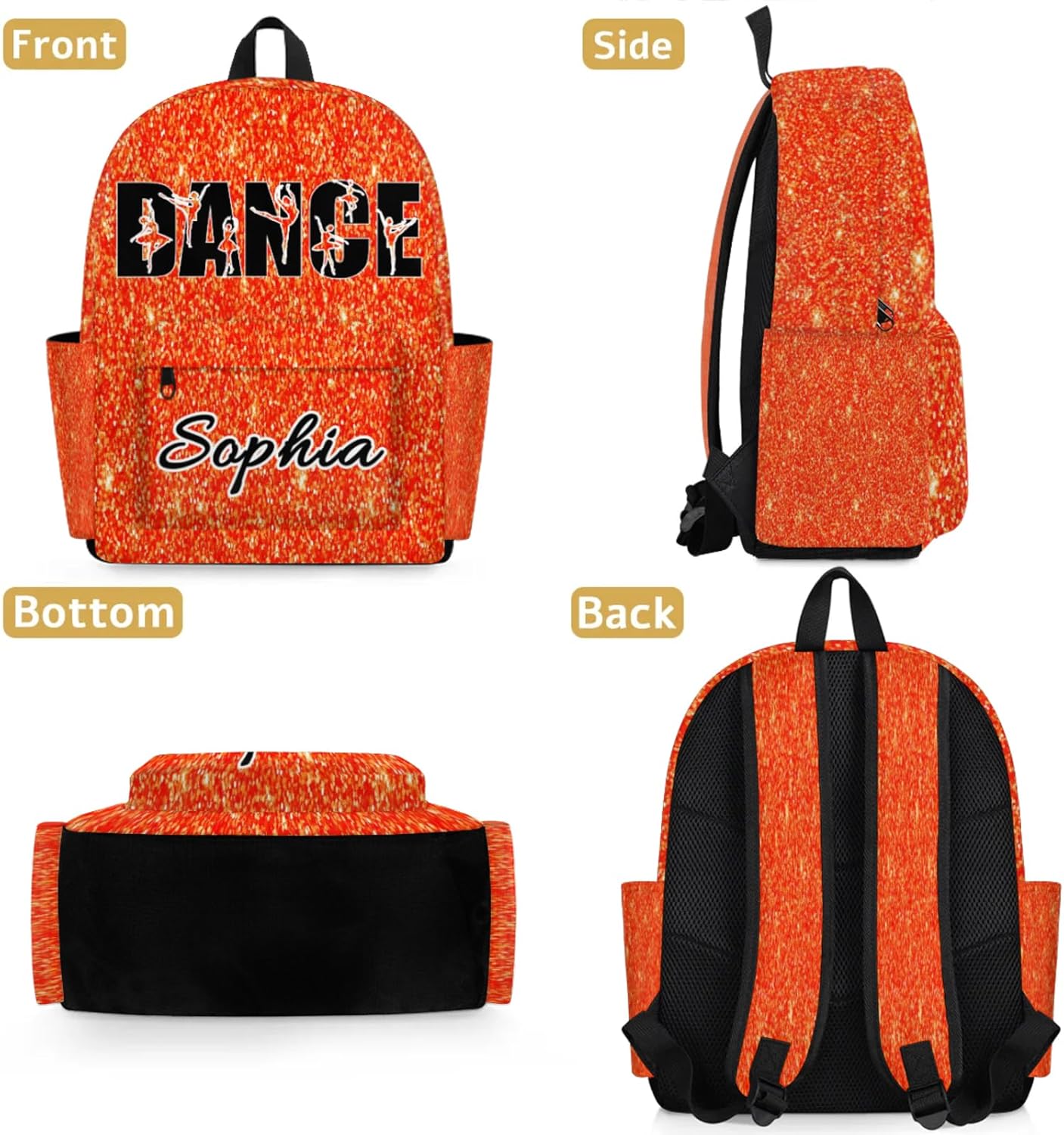 Personalized Dance Backpack Bag for Women, Custom Large Capacity Shoulder Bags, Waterproof Ballet Casual Daypack, Orange Glitter