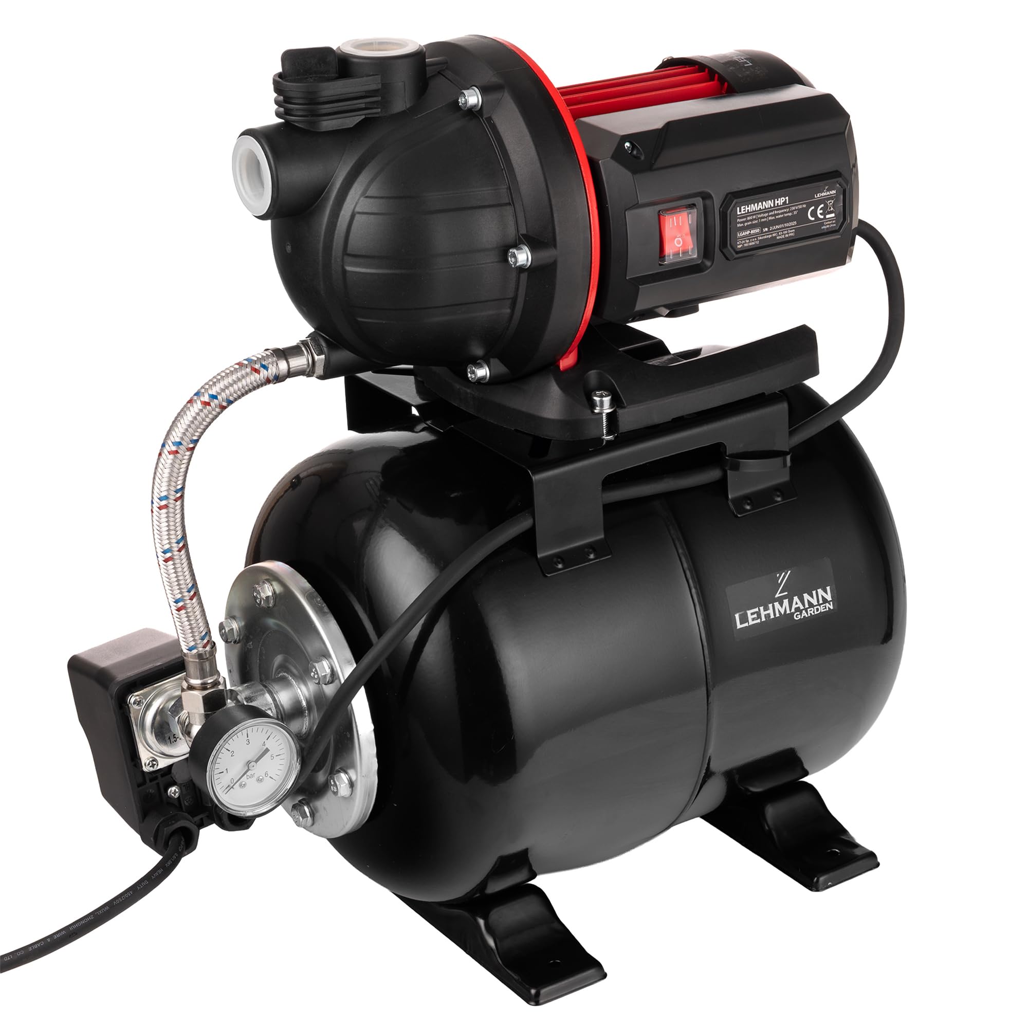 LEHMANN Groupe de Surpression HP1, 800 W, 5200 l/h, Réservoir en Acier Inoxydable 19 L, Hauteur de Refoulement 43 m, Profondeur d’aspiration 8 m, Auto-amorçante, Filtre & Manomètre, Noir