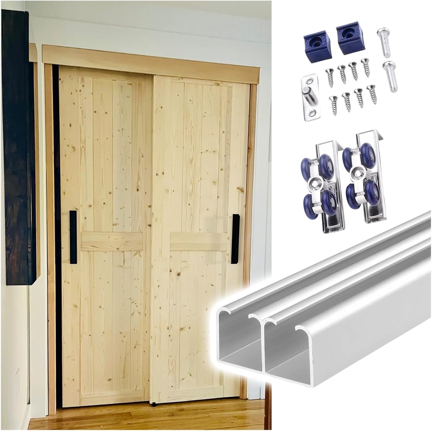 3 4 5 6 7 8ft Mini Cabinet Bypass Double Sliding Barn Door Hardware Track Kit for 3/4" - 1" Thin Doors, Ceiling Mount Sturdy Aluminum DIY Slab Door Rail Sets, Easy to Install(4ft/122cm)