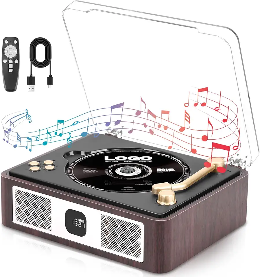 Leitor de CD, CD Player Portatil, Aparelho de Som com CD, Toca-Discos Retrô, Alto-Falantes Duplos Integrados, 3600 Mah, Pode Copiar Músicas de CD para Um Pen Drive USB