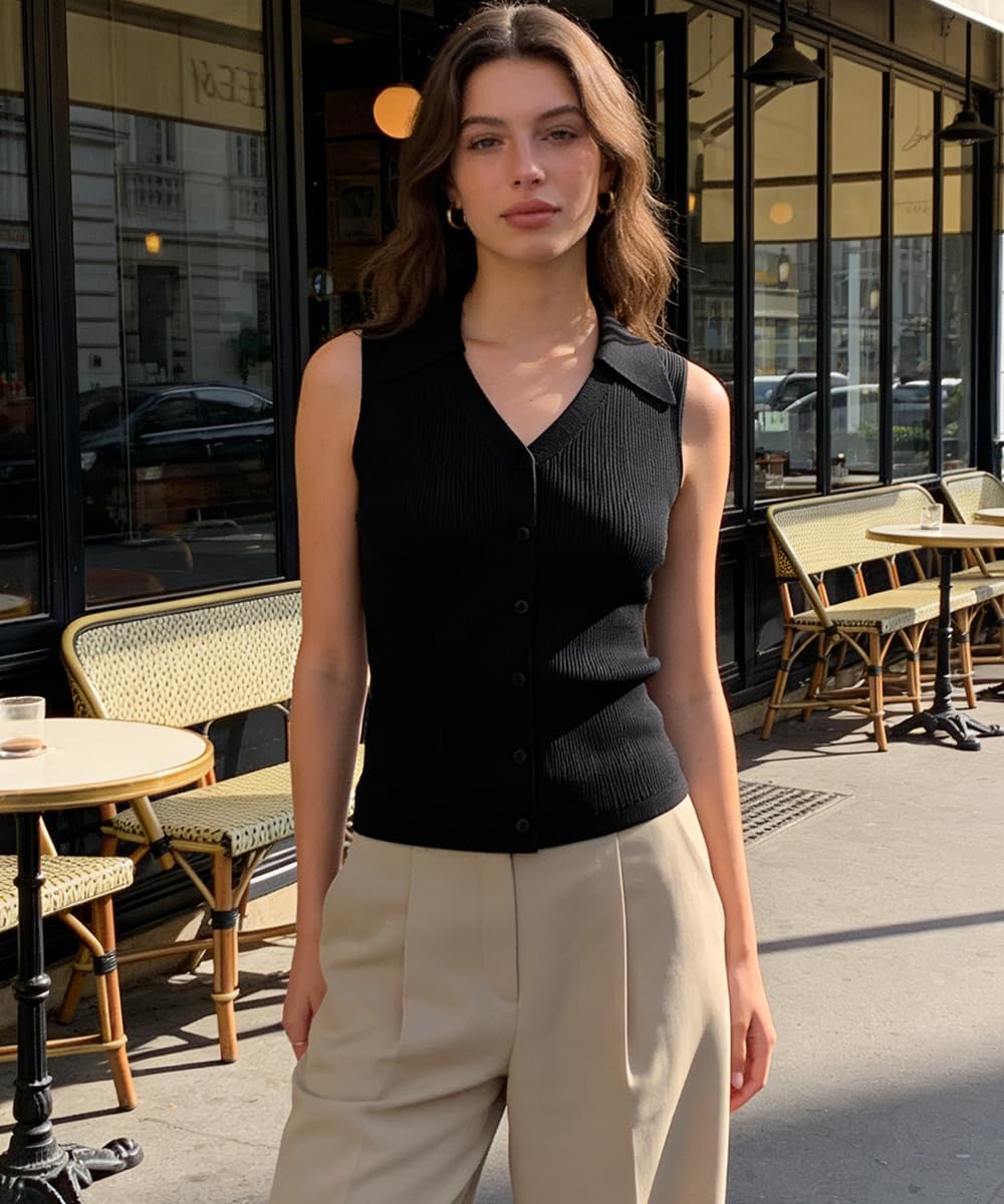Belle Poque Womens Button Down Tank Tops Summer Ribbed Vest Top Sleeveless V Neck Collared Vest Shirt Slim Fit Going Out Tops - Image 8