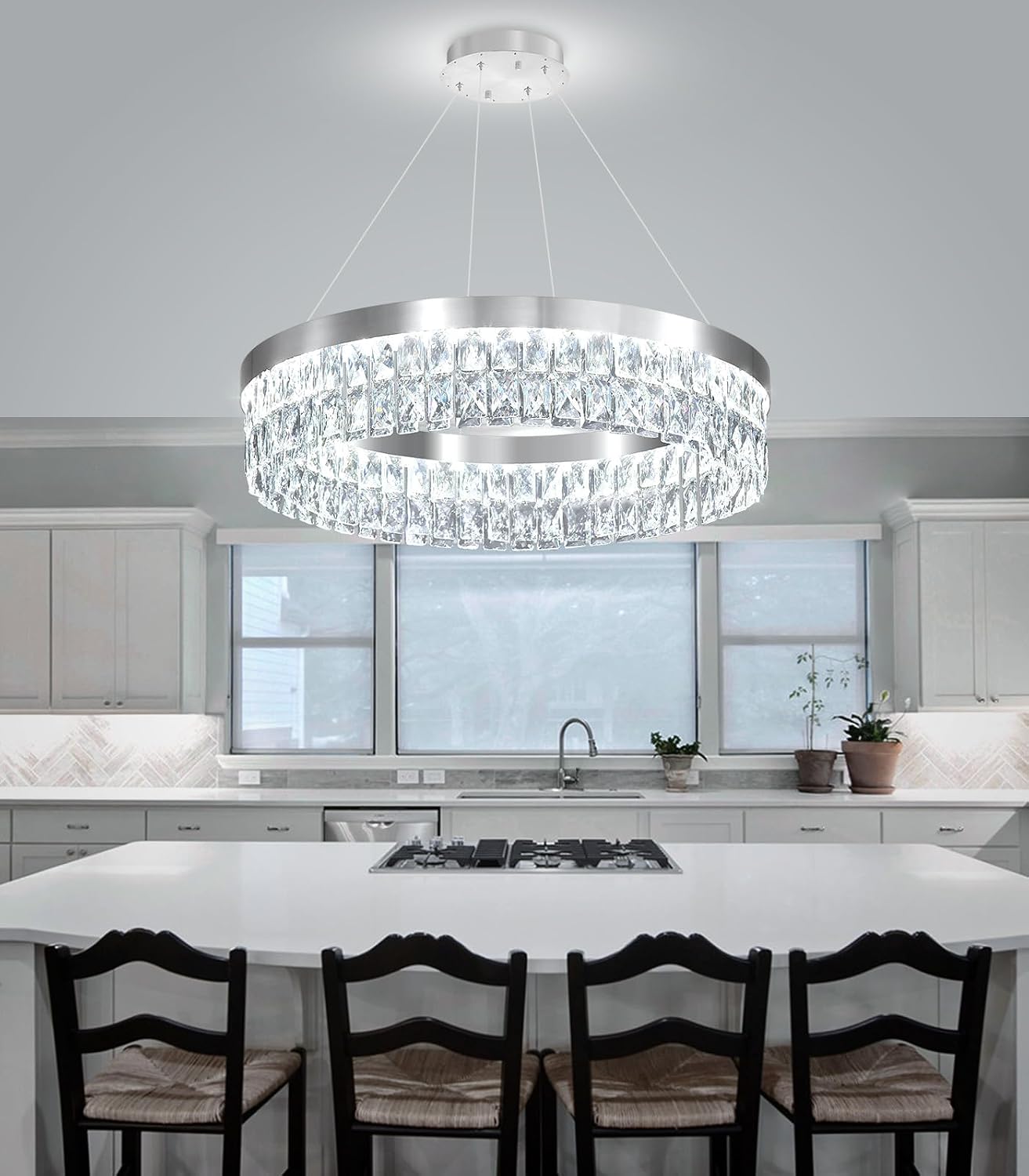 Modern Round Crystal Chandelier for Dining Room Remote Dimmable LED Crystal Pendant Light 35W Adjustable Lighting Fixture for Kitchen Island Living Room Silver