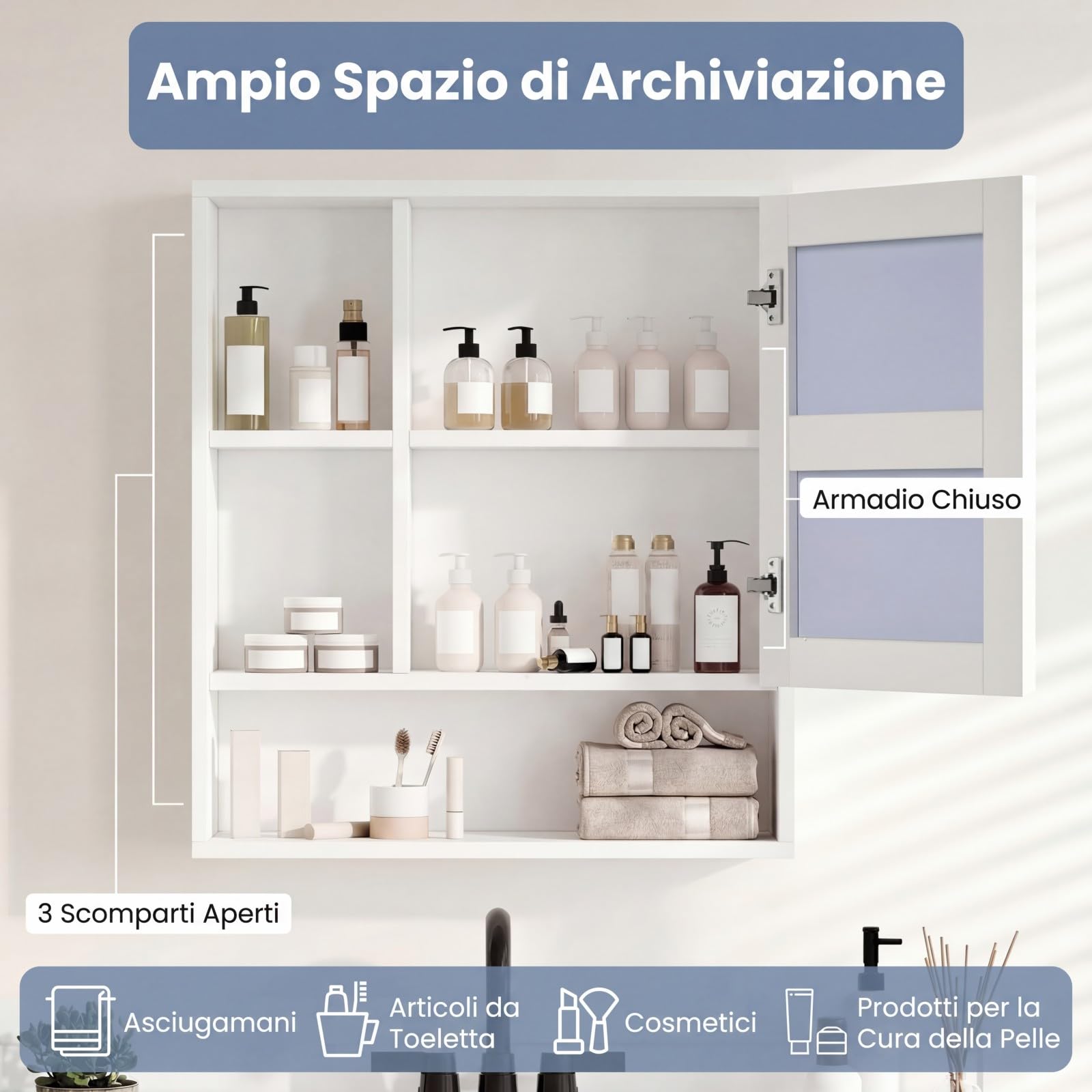 COSTWAY Mobile Bagno con Specchio, Specchio Bagno Contenitore con Porta Singola e 3 Ripiani Aperti, Mobiletto Salvaspazio in Legno per Lavanderia e Ingresso, 56 x 16 x 61 cm (Bianco)
