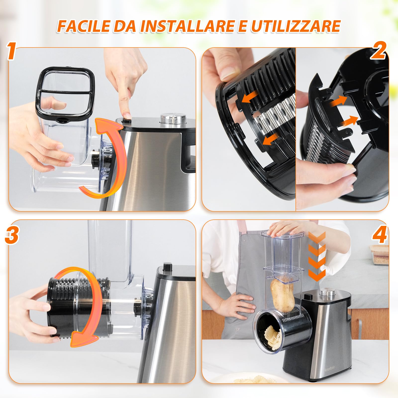 Anatole 6 in 1 Affetta Verdure Elettrico Grattugia per Formaggio Carote | Acciaio Inox, Affettare& Grattugiare& Mcinare Multifunzione, 6 Lame, Calibro Grande, 250W, per Patate Cipolle Casa, 220V