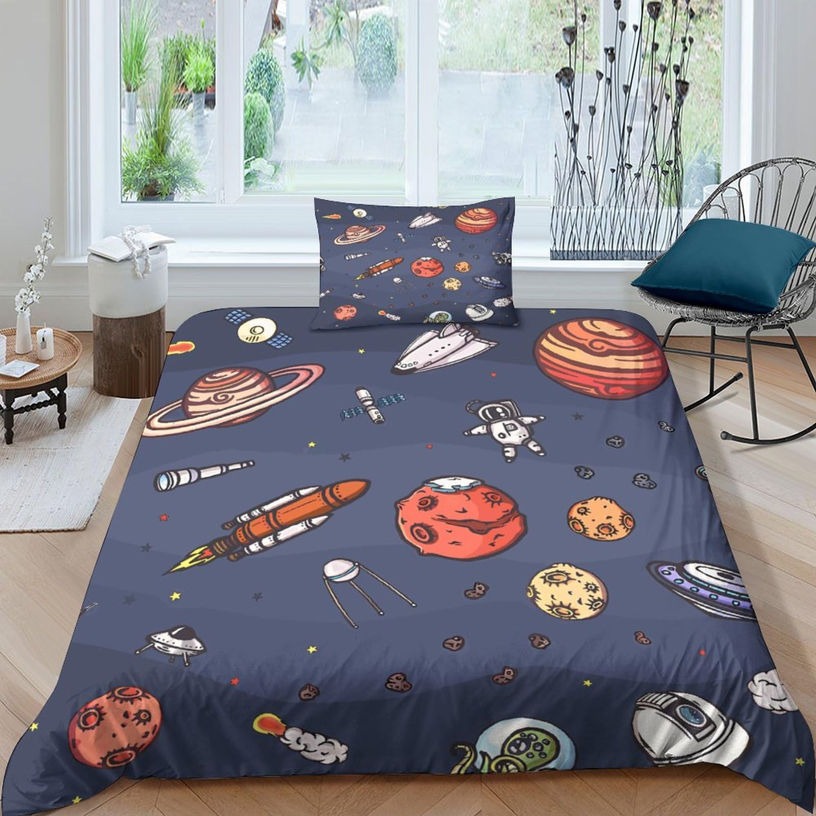 Housse de couette planète et espace 135x200cm pour lit enfant décoration astro 3D