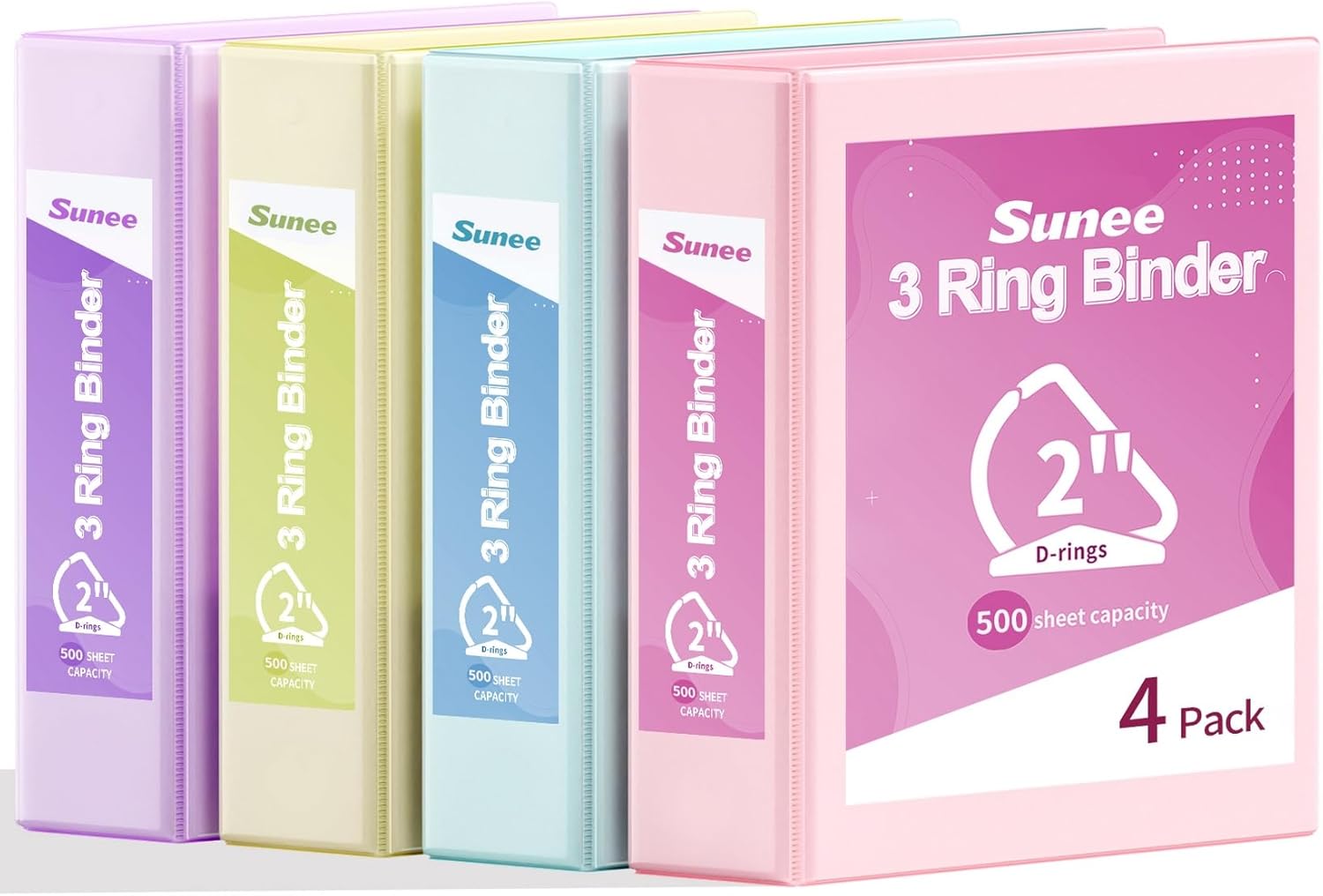 SUNEE 3 Ring Binder 3 Inch D Ring, Clear View Binder Three Ring PVC-Free (Fit 8.5x11 Inches) for School or Office Supplies, Assorted Pastel, 4 Pack