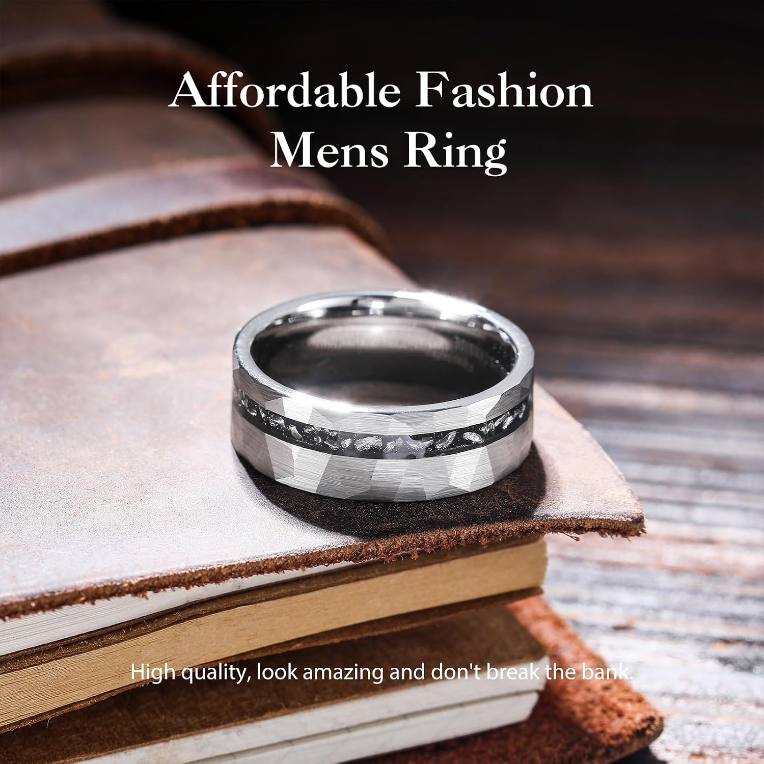 King Will 8mm Tungsten Carbide Opal Rings For Men Black Wedding Band Blue Opal Inlay Brushed Hammered Promise Rings Comfort Fit Size 7-14
