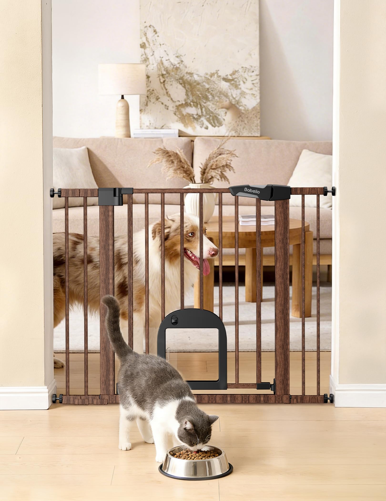 Photo 1 of Babelio Pet Gate with Cat Door, 29-43" Wide, Black Wood Pattern
