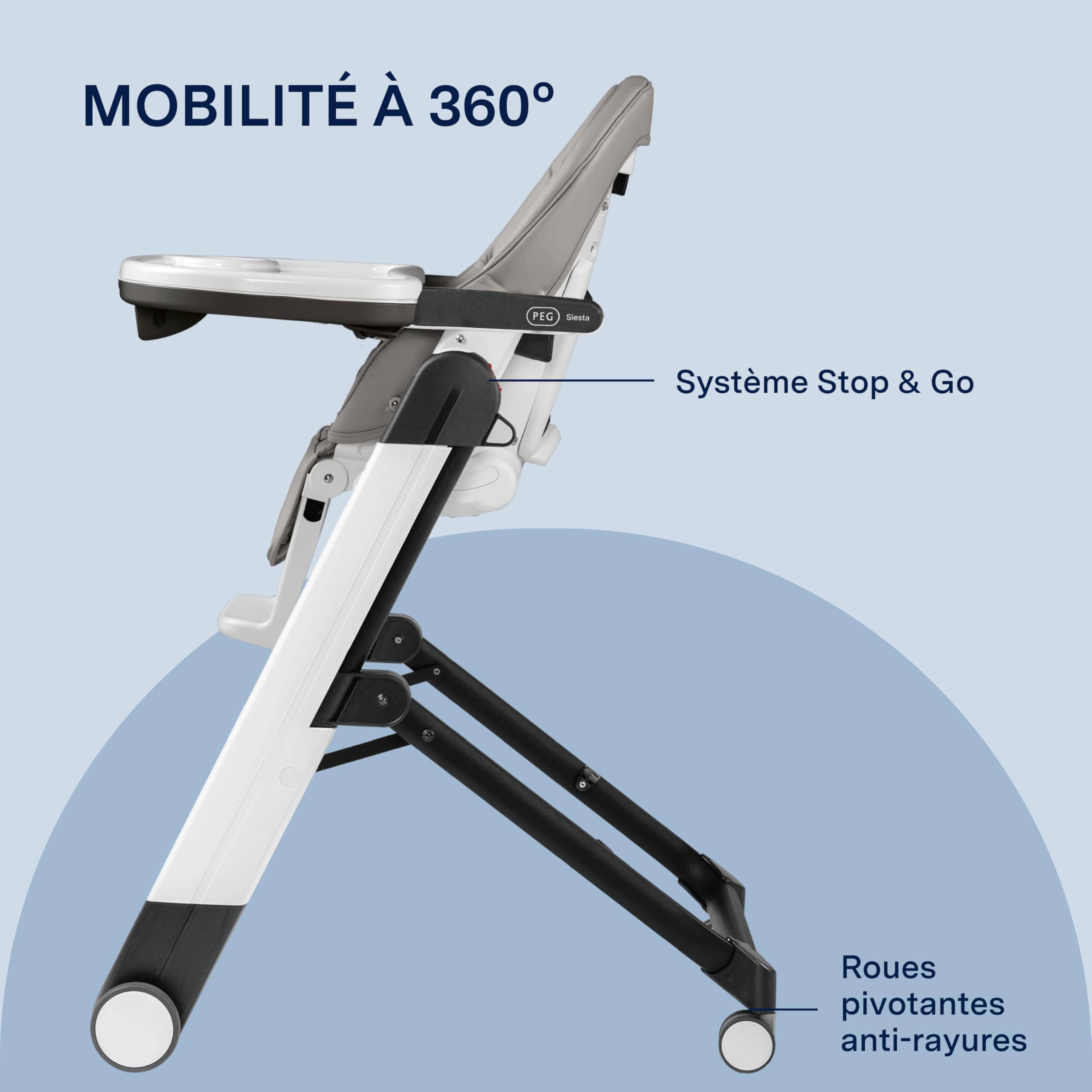PEG Siesta Follow Me Chaise Haute dès la Naissance, Inclinable avec Fonction Transat, Double Plateau, 9 Hauteurs, 4 Roues, Pliable et Compacte, 0-3 Ans (0-15 kg), Ice