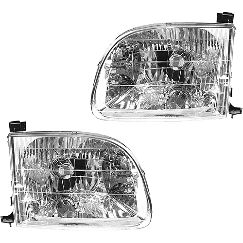 TRQ 2 Piece Headlight Assembly Set Chrome Bezel Driver & Passenger Side Compatible with Toyota Tundra 2000-2004 TO2502129 TO2503129 811100C010 811500C010