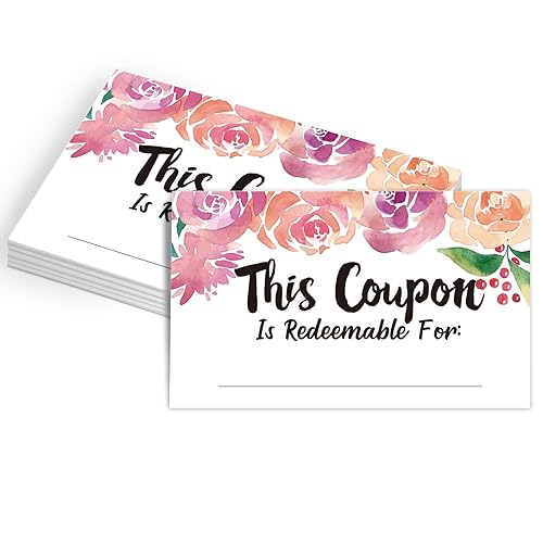 50 Coupon Cards, Floral Blank Gift Certificates Redeem Vouchers for