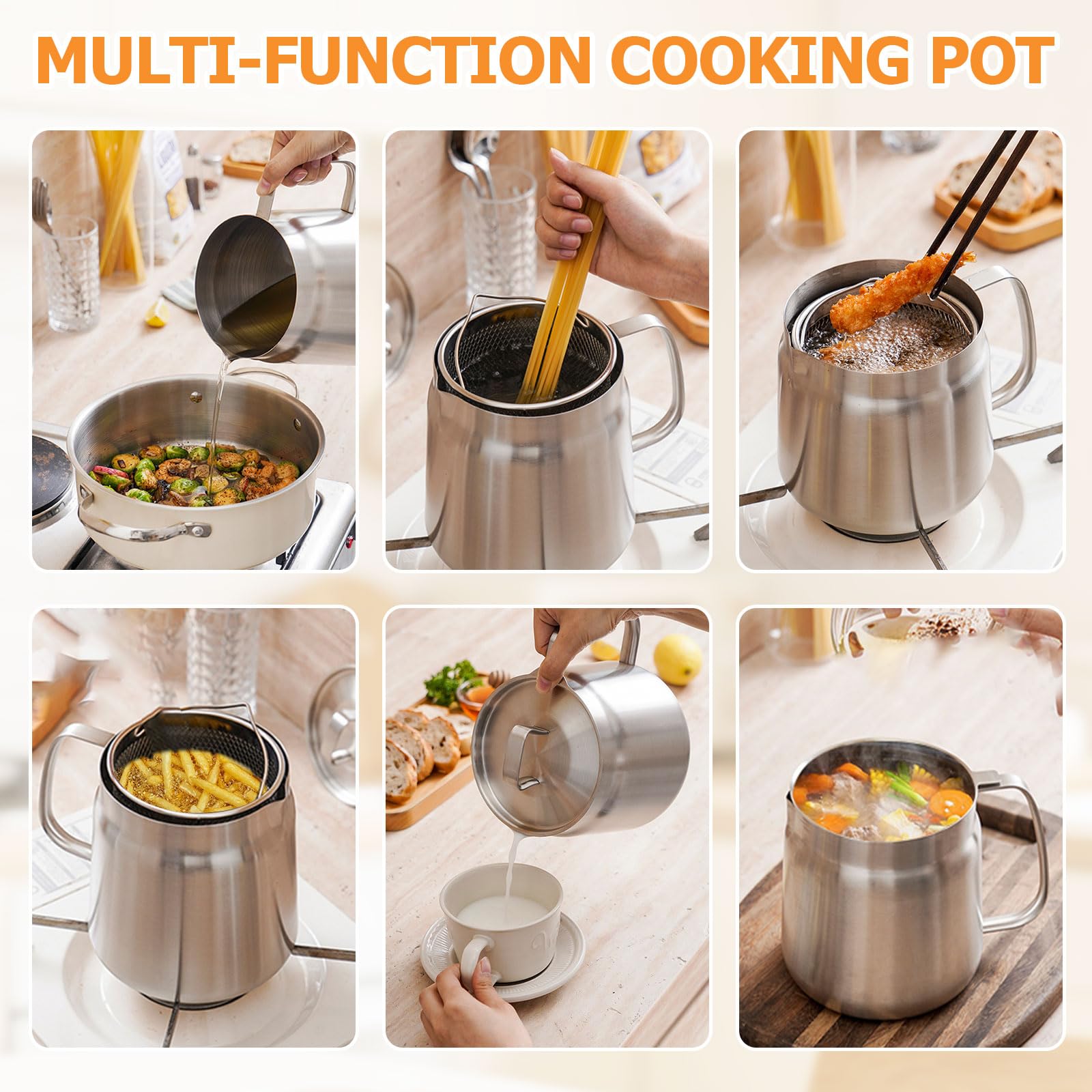 Pot de filtre à huile en acier inoxydable 304 avec panier filtrant et maille, friture et graisse de cuisson pour cuisinière à gaz et cuisinière en céramique (2 L)