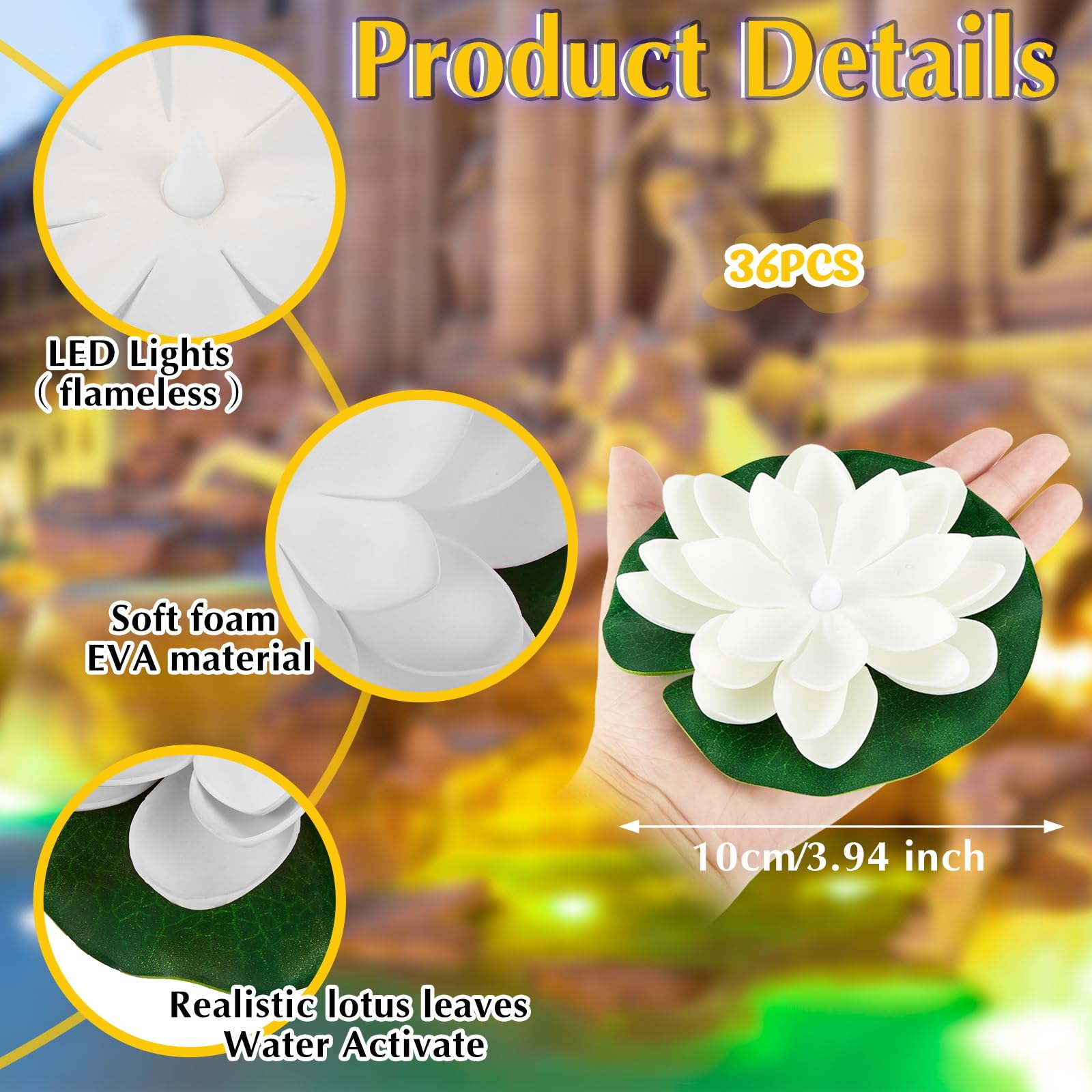 Liliful 36 Stück schwimmende Lotus-Laternen, künstliche Lilien-Pads mit LED-Lichtern, batteriebetrieben für Pool, Party, Garten und Teich, Sommerdekoration (9,5 cm, weiß)