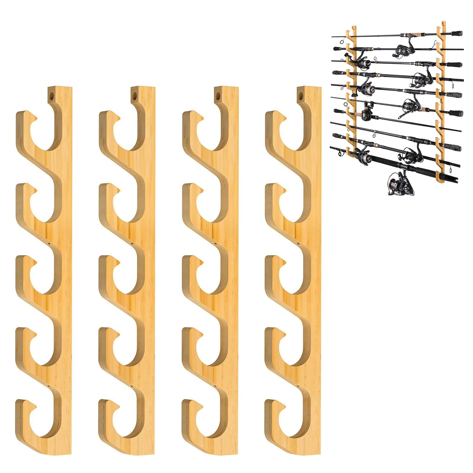 Porte Canne à Pêche en Bois, 2 Paire Support Canne à Pêche Ratelier, Montage Plafond Ou Mur, Support de Canne à Pêches, Rod Rack Stockage de 10 Pôles, pour Garage, Bateaux, Mur
