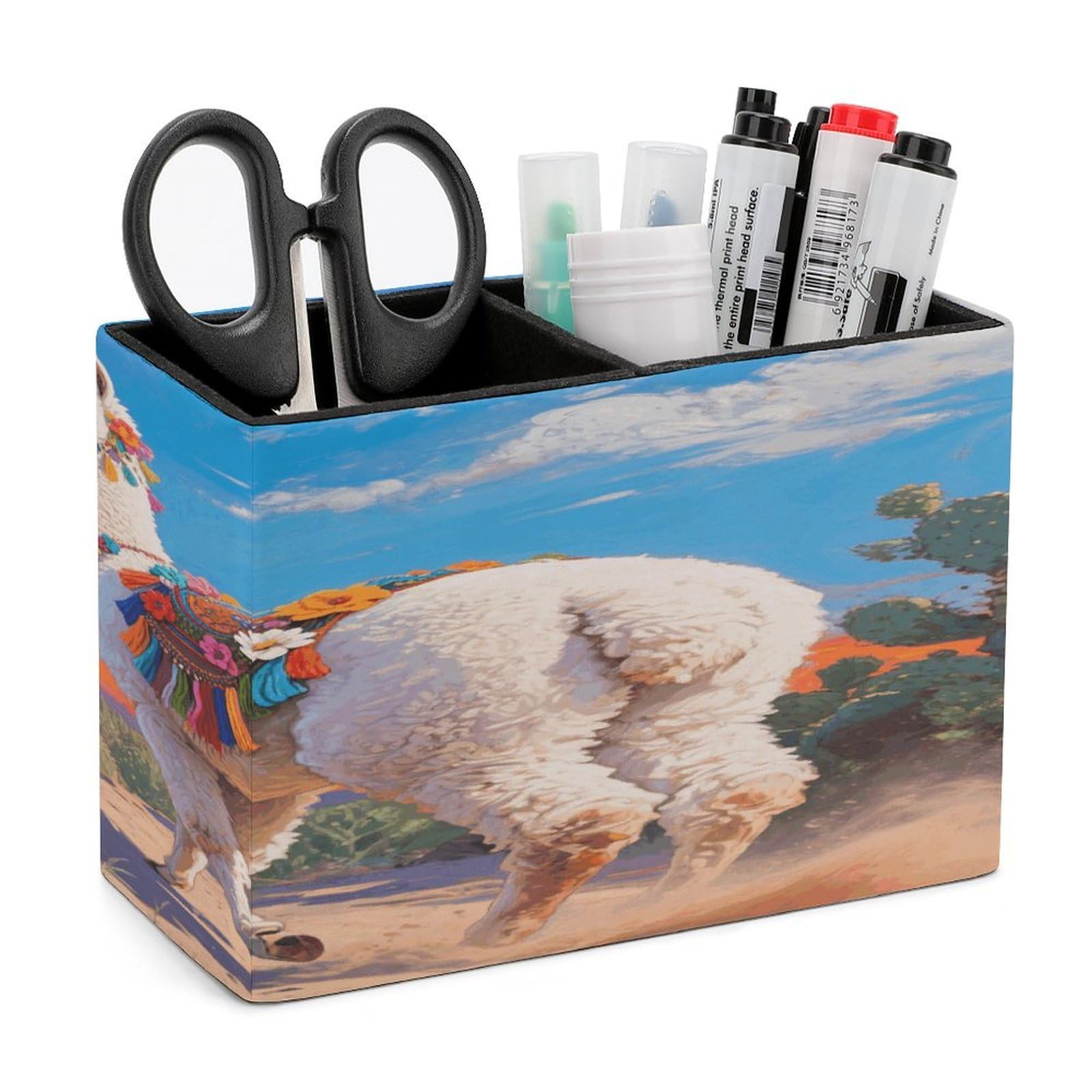 VstaDank White Alpaca Pencil Holder for Desk Organizer 2 Compartments Pen Cup Leather Square Pen Holder Pencil Cup Stand Makeup Brush Holders for Desktop Organizer Storage Case
