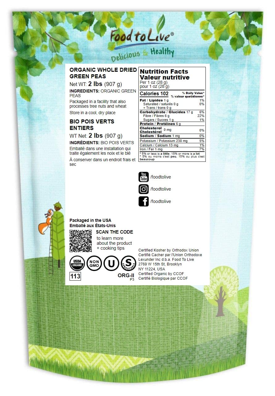 Food to Live Organic Whole Dried Green Peas, 2 Pounds – Non-GMO, Green Vatana, Sproutable, Vegan, Kosher, Bulk. Pre-Soak Needed. Rich in Protein, Fiber. Great for Green Curry, Stews, Salads, Pea Soup