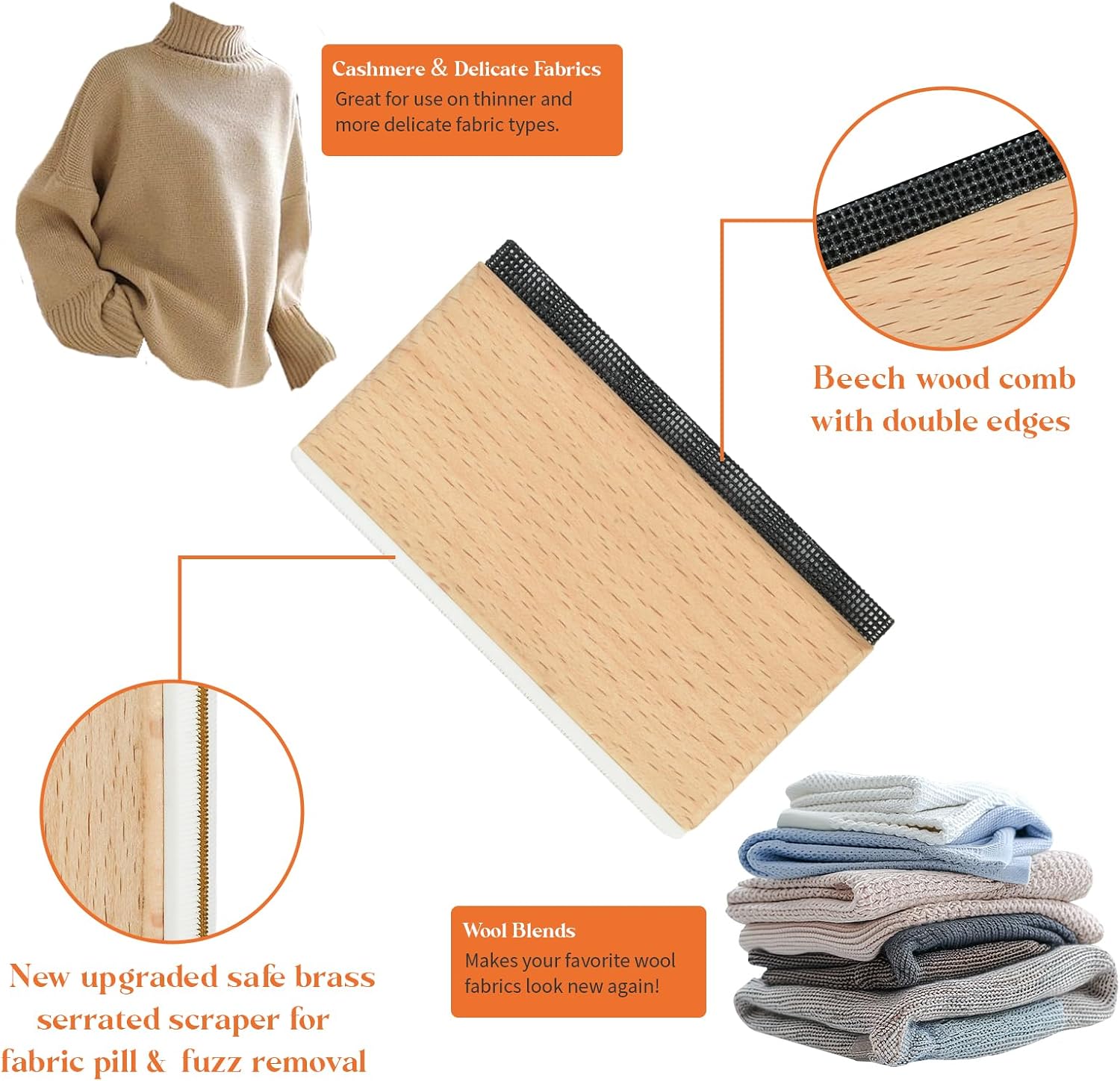 Cashmere Comb, Double Edge Sweater Pill Remover for Wool & Fabric 1PCS | Beech Wood Sweater Shavers to Remove Pilling,Pilling Remover for Clothes, Fuzz Lint Remover for Cashmere & Home Textiles