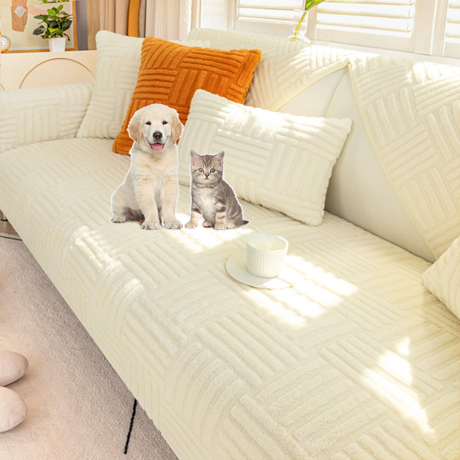 Housse de canapé en peluche beige idéale contre les poils d'animaux